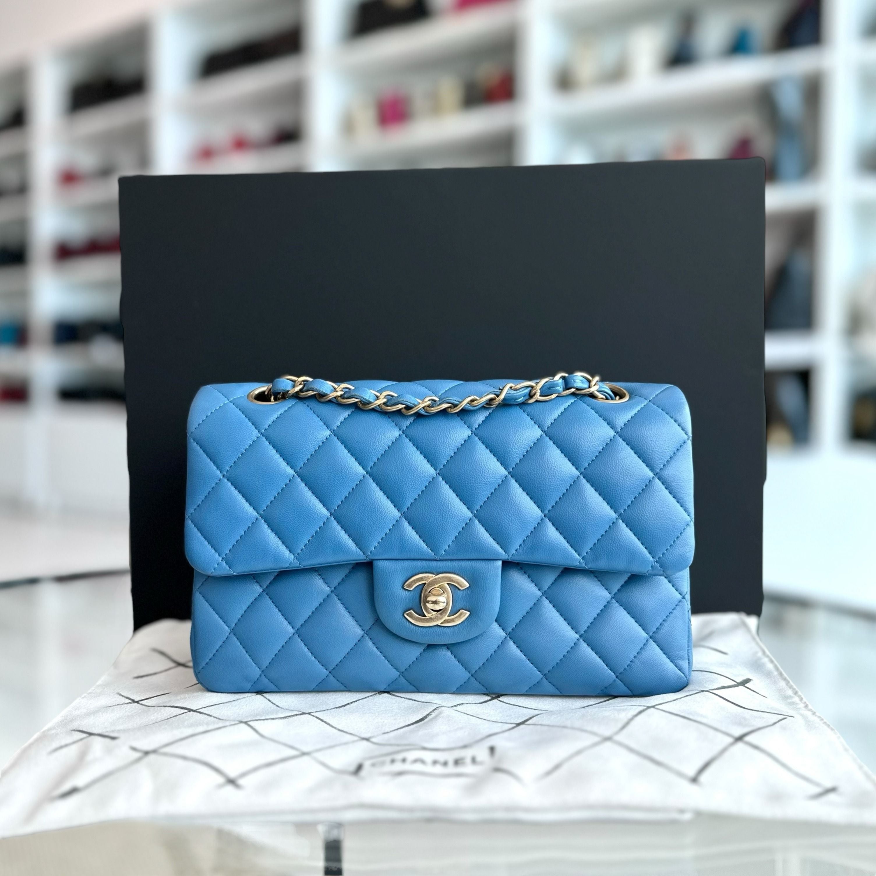 Chanel Classic Flap Small 23CM Lambskin Quilted Blue GHW No 27 - Luxury Evermore