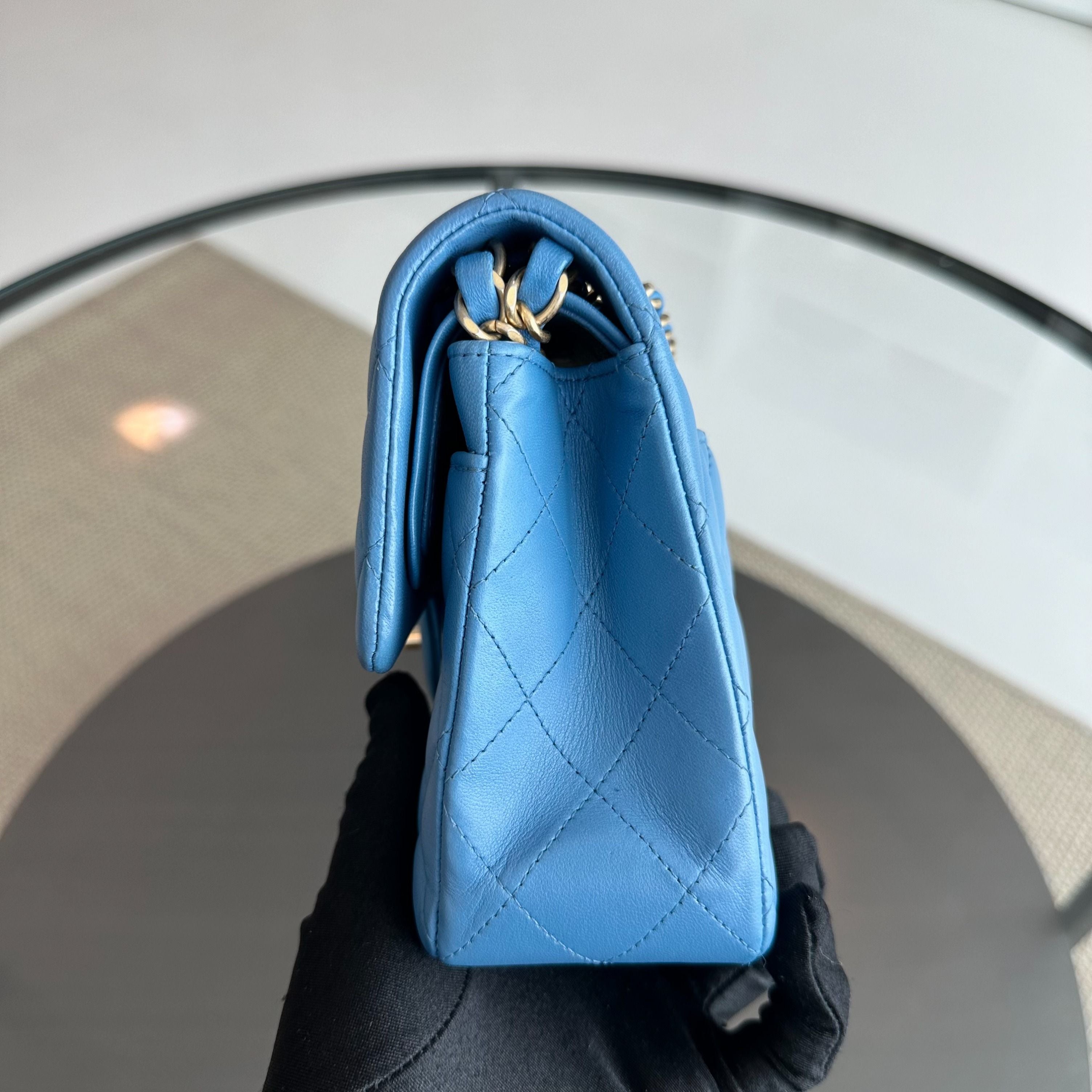 Chanel Classic Flap Small 23CM Lambskin Quilted Blue GHW No 27 - Luxury Evermore