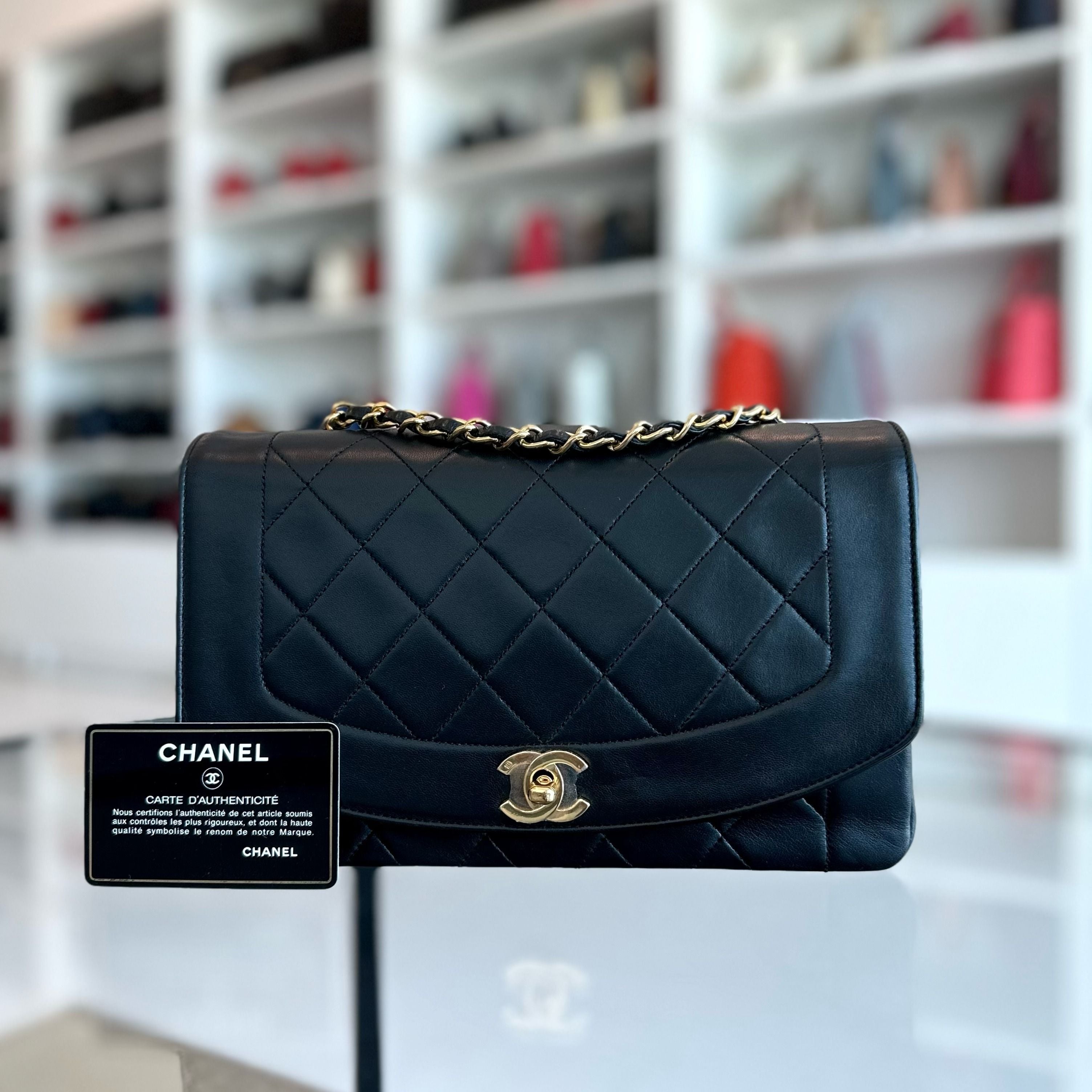 Chanel Diana Medium Vintage 24K Gold Flap Quilted Lambskin Black GHW No 1 - Luxury Evermore