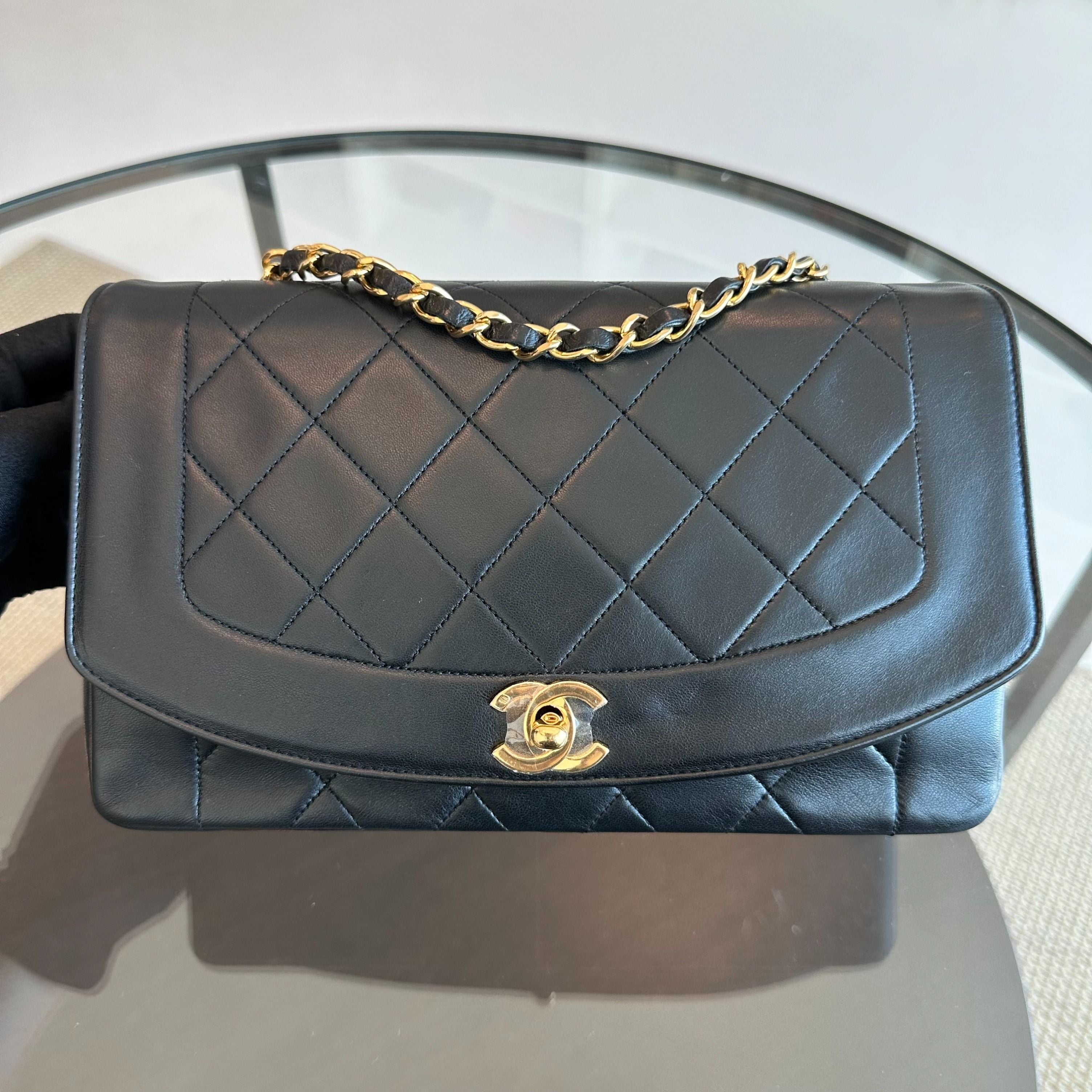 Chanel Diana Medium Vintage 24K Gold Flap Quilted Lambskin Black GHW No 1 - Luxury Evermore