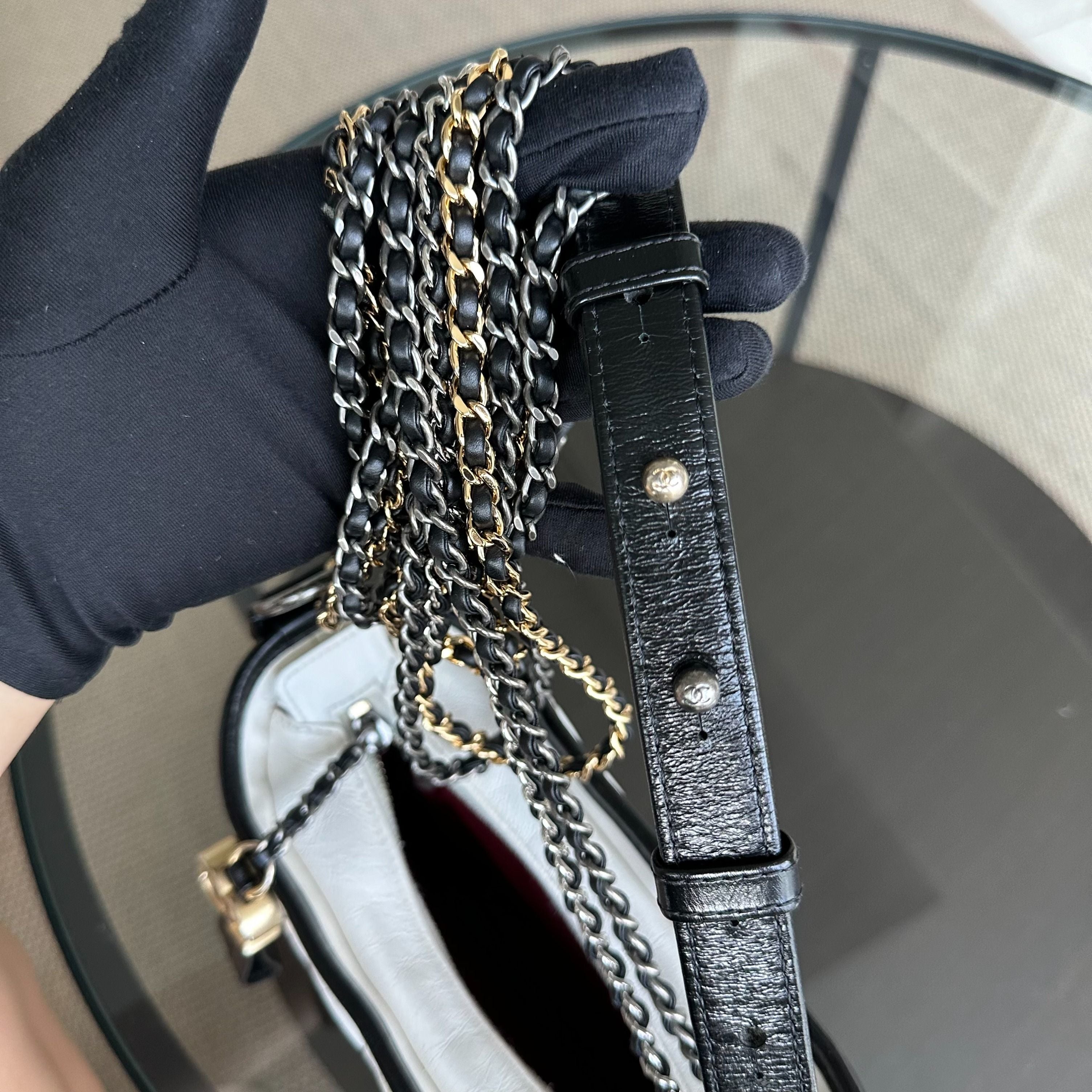 Chanel Gabrielle Small Hobo Chevron Calfskin White Black Two-Tone GHW No 27 - Luxury Evermore