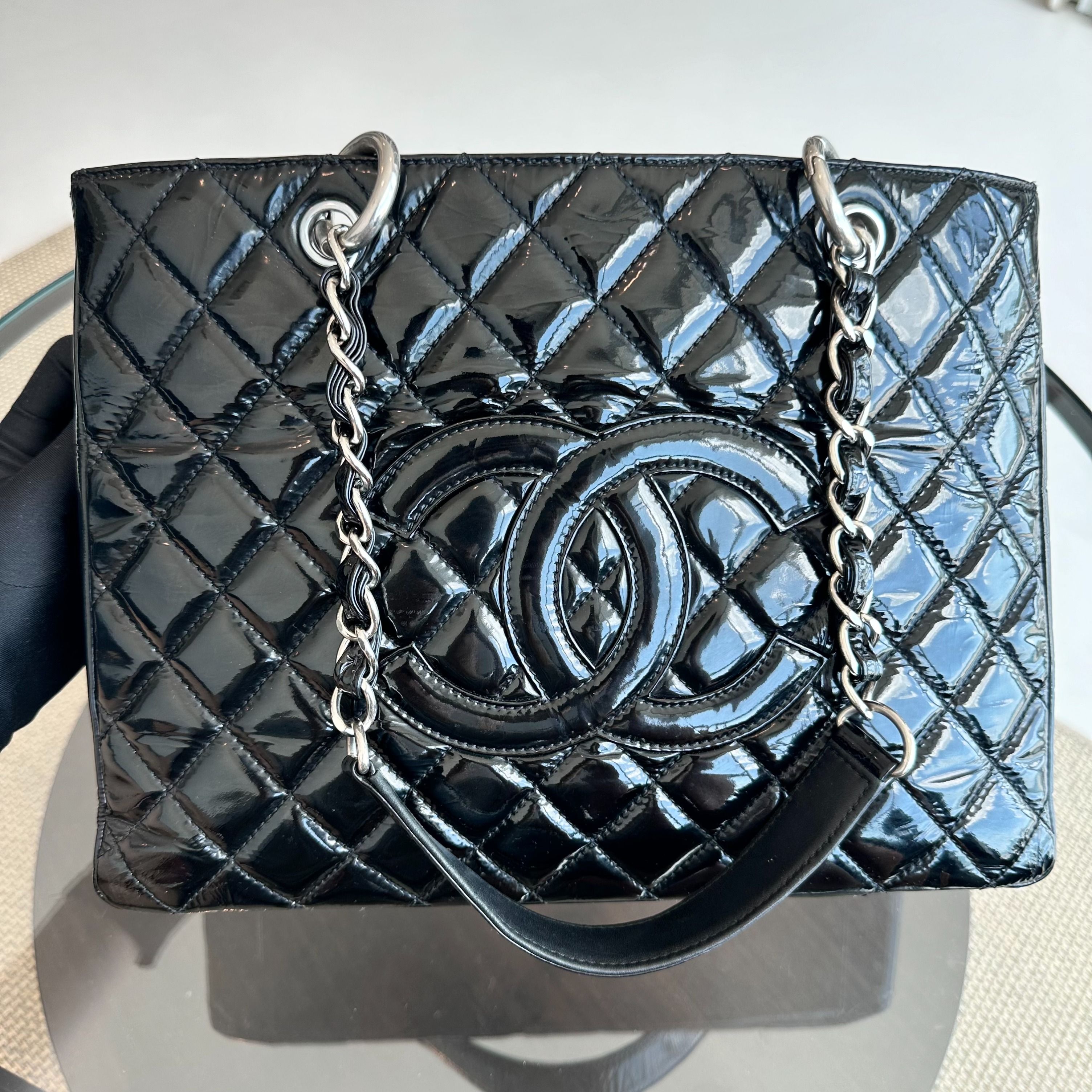 Chanel GST Grand Shopping Tote Patent Leather Quilted Black SHW No 12 - Luxury Evermore