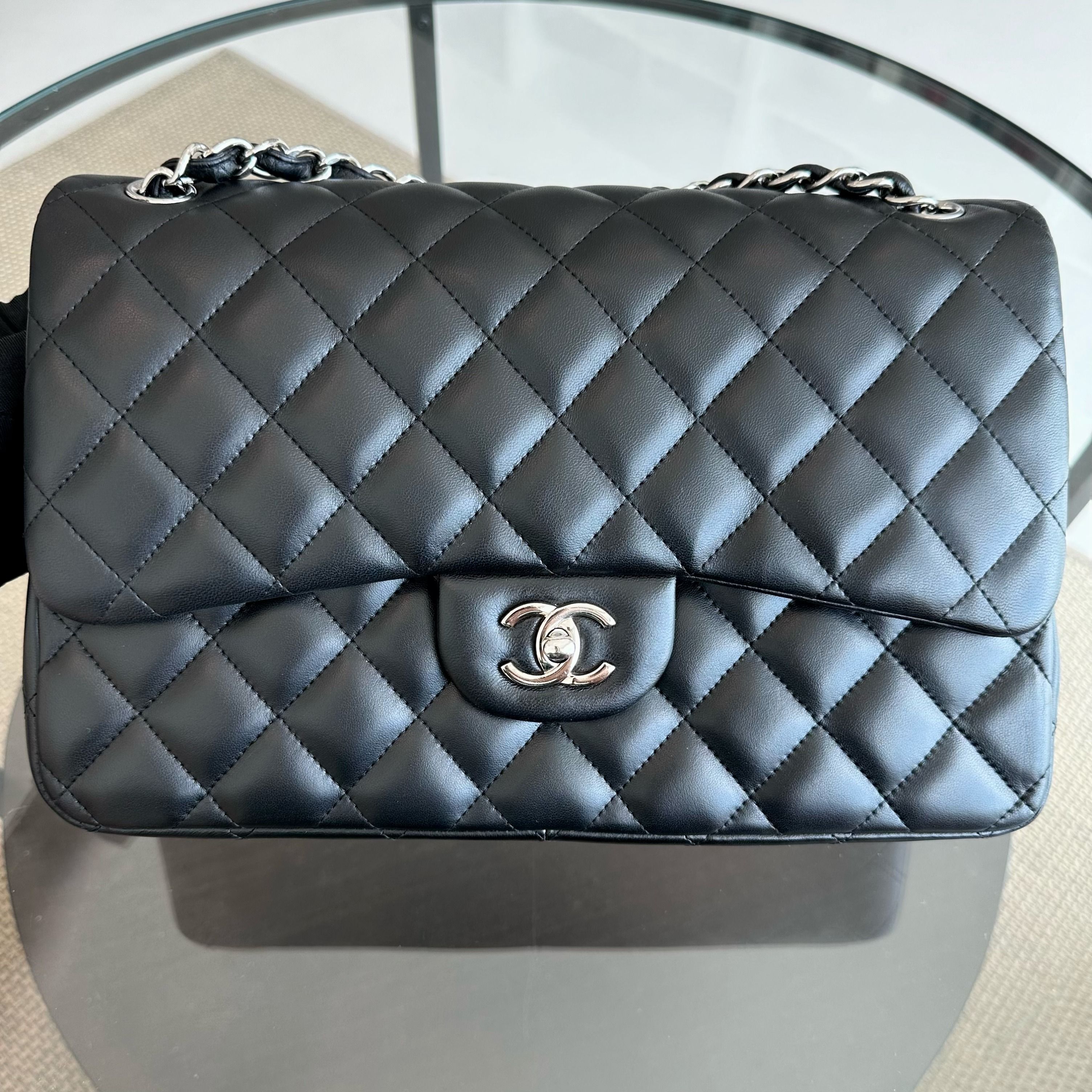Chanel Jumbo Classic Flap Double Flap Quilted Lambskin Black SHW No 18 - Luxury Evermore