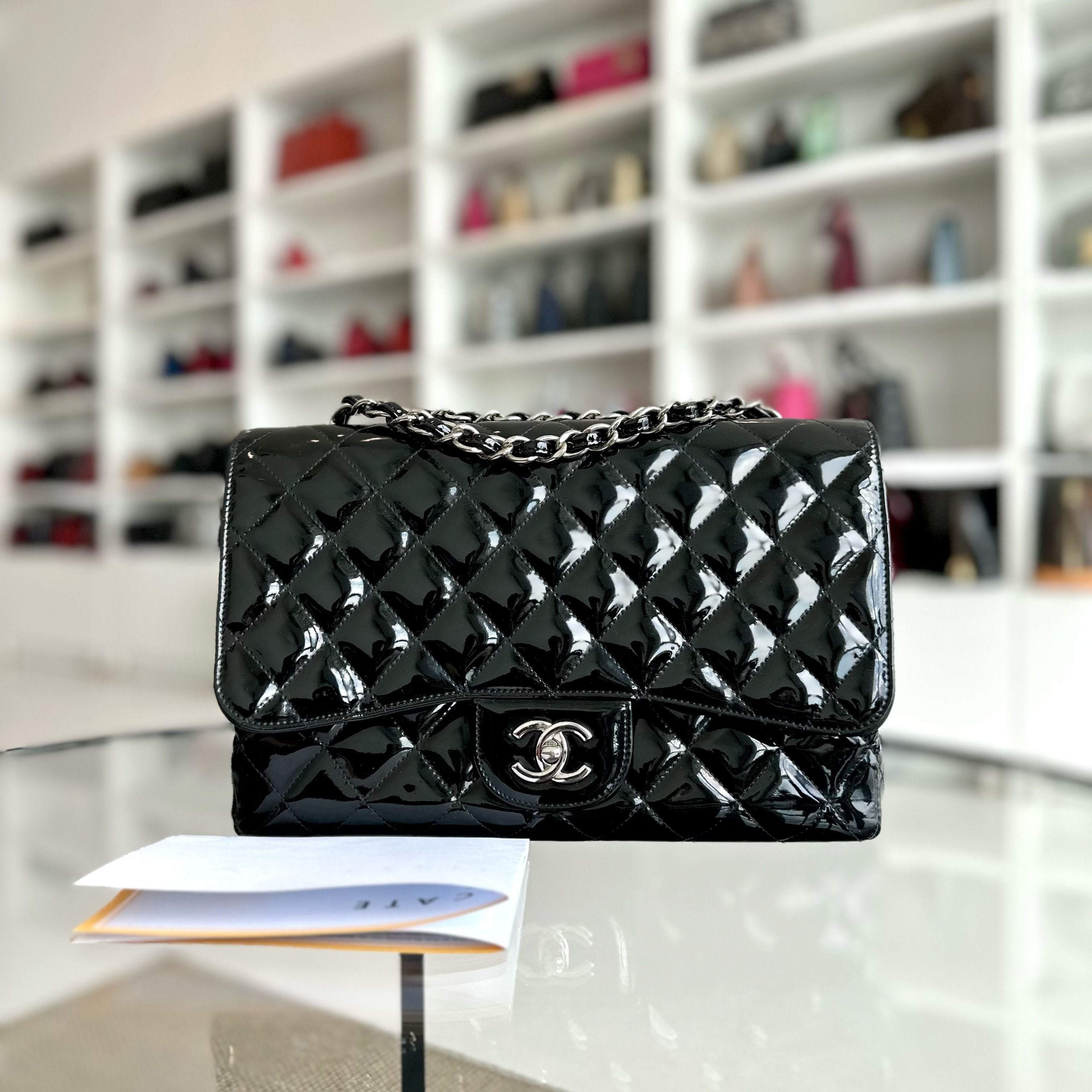 Chanel Jumbo Classic Flap Single Flap Patent Leather Black SHW No 13 - Luxury Evermore