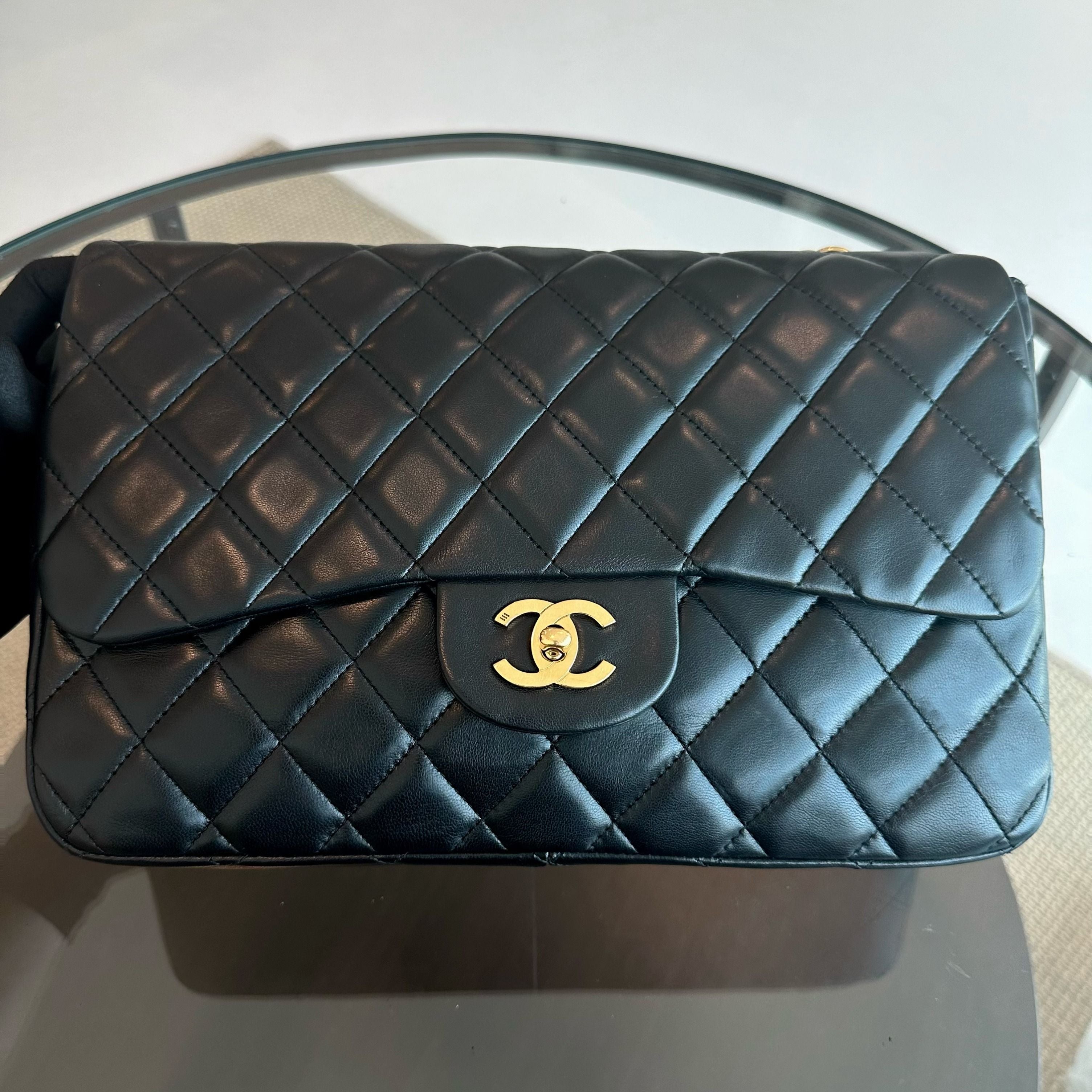 Chanel Jumbo Classic Flap Single Flap Quilted Lambskin Black GHW No 12 - Luxury Evermore