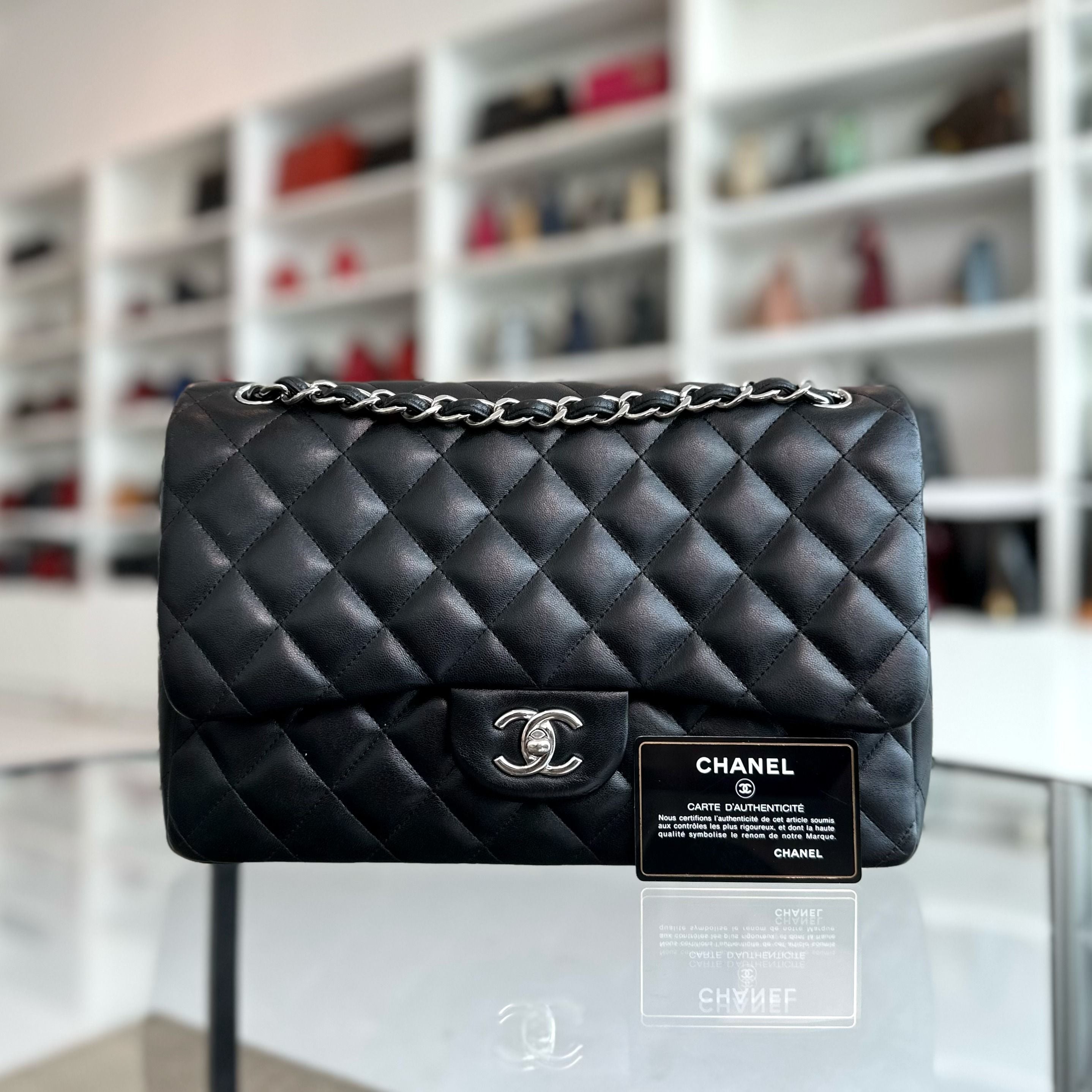 Chanel Jumbo Double Flap Classic Flap Lambskin Quilted Black SHW No 18 - Luxury Evermore