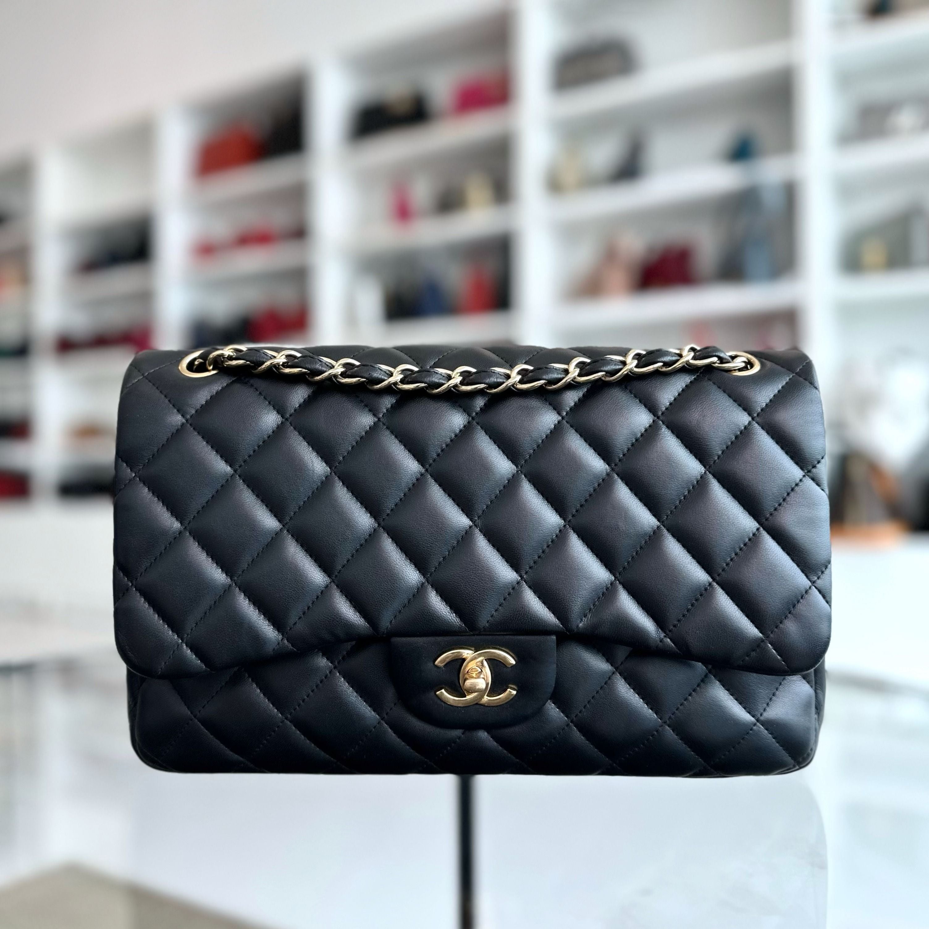 Chanel Jumbo Double Flap Lambskin Classic Flap Black GHW No 14 - Luxury Evermore