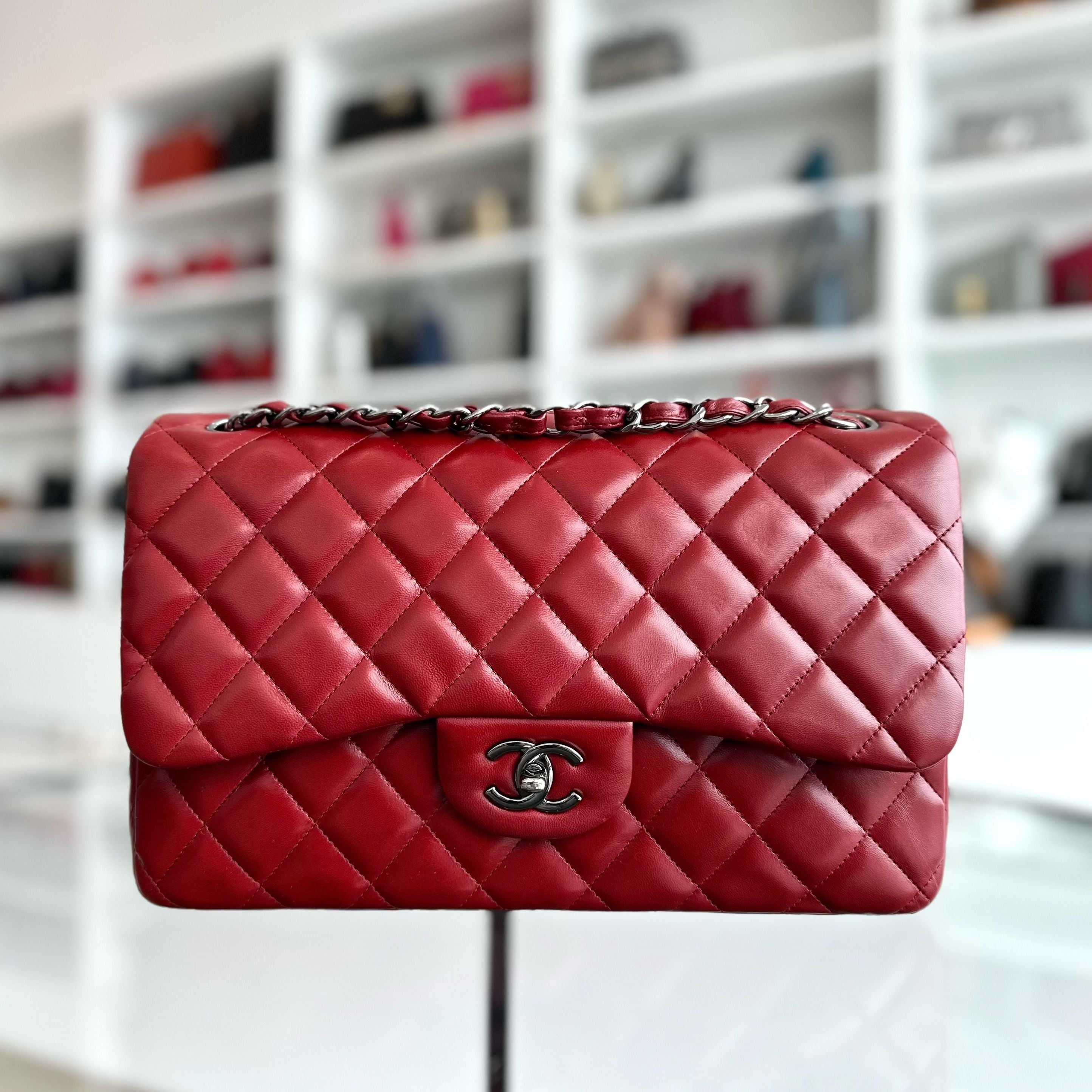 Chanel Jumbo Double Flap Lambskin Classic Flap Burgundy SHW No 15 - Luxury Evermore