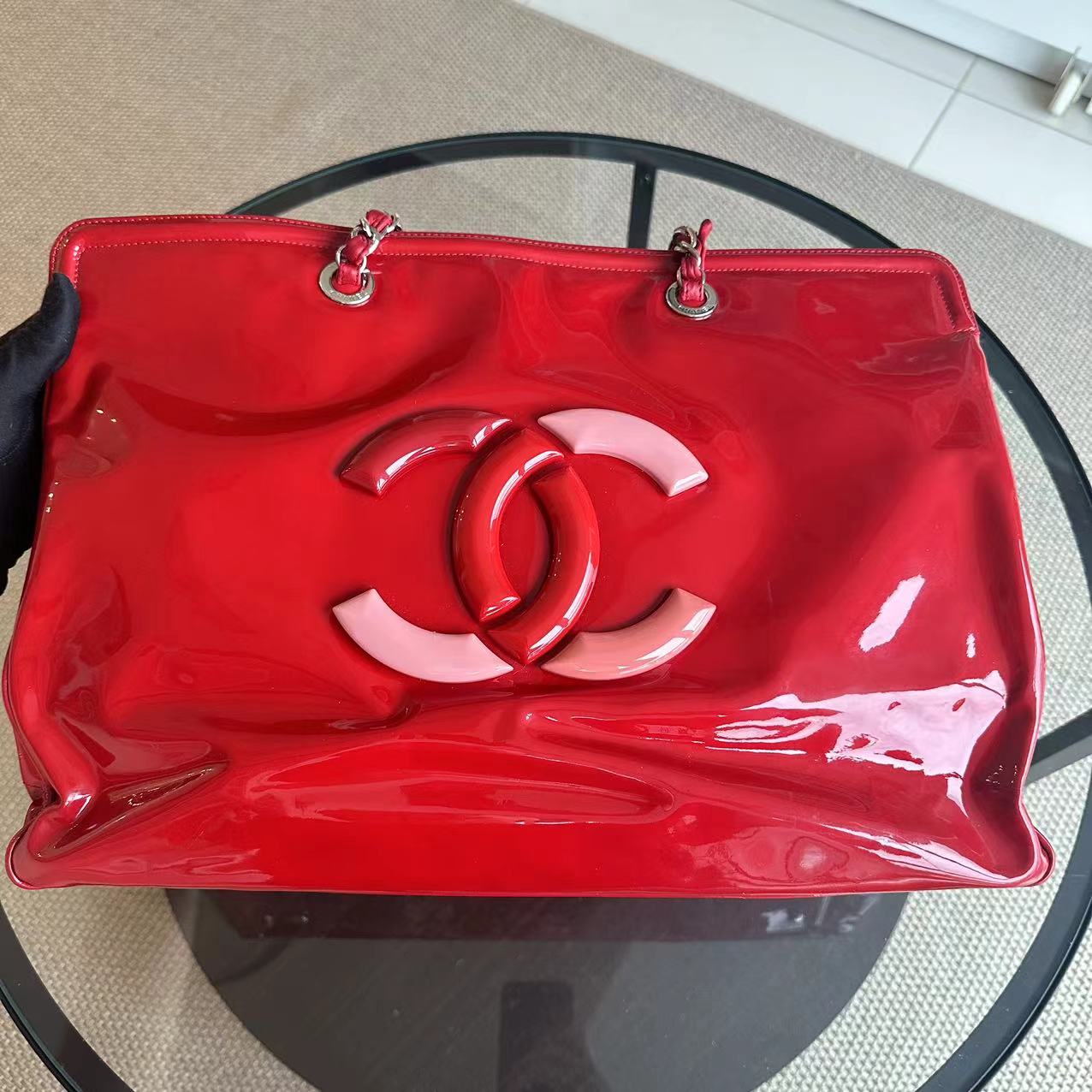 Chanel Lipstick Large Tote XL Patent Vinyl Leather Red No 13 - Luxury Evermore