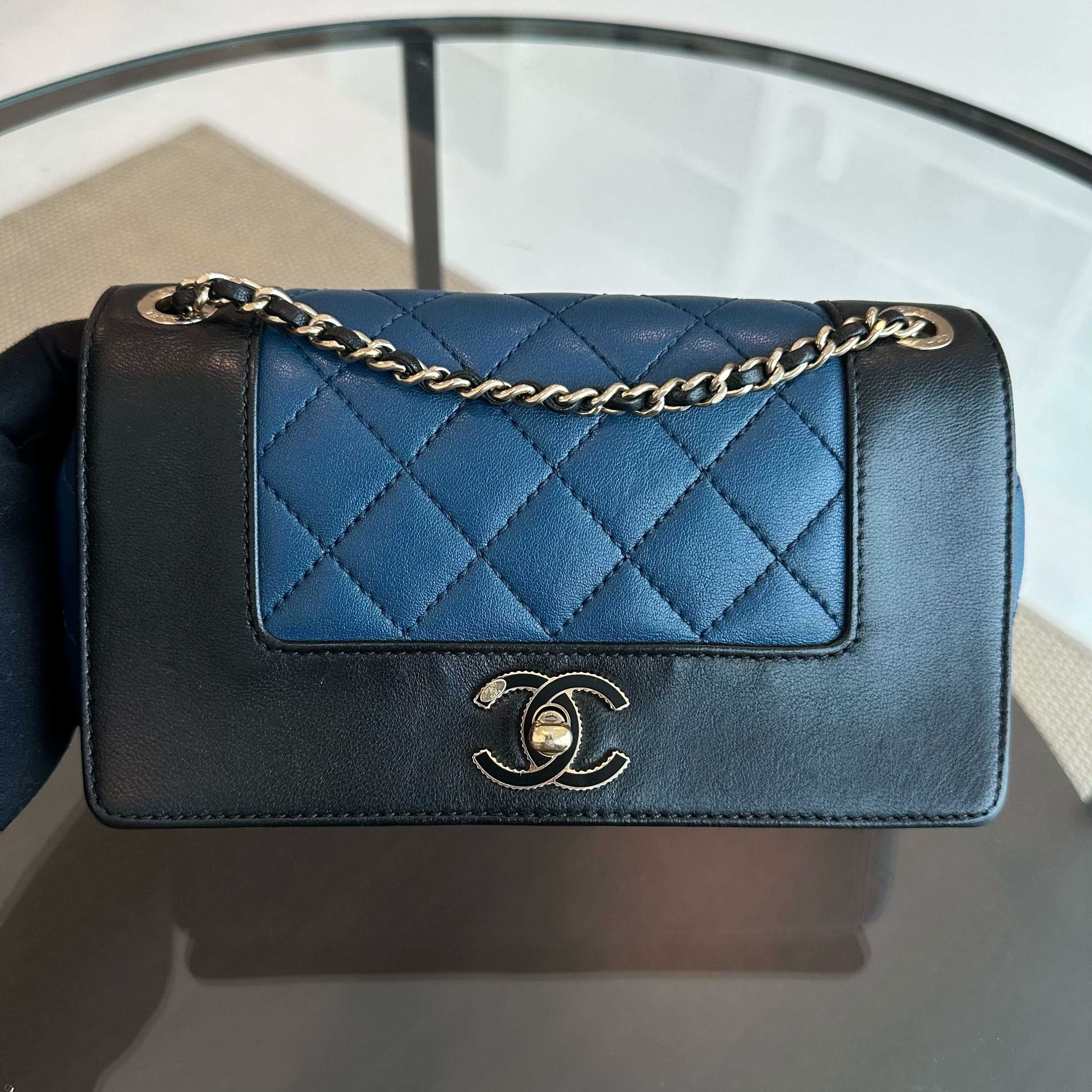 Chanel Mademoiselle Small 20cm Seasonal Double Flap Calfskin Quilted Black Blue GHW No 23 - Luxury Evermore