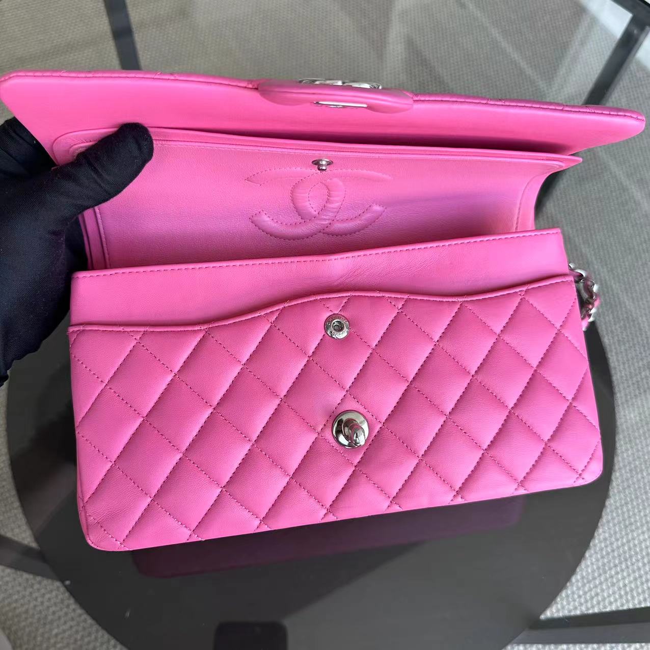 Chanel Medium Classic Flap Double Flap 25CM Quilted Lambskin Pink SHW No 27 - Luxury Evermore