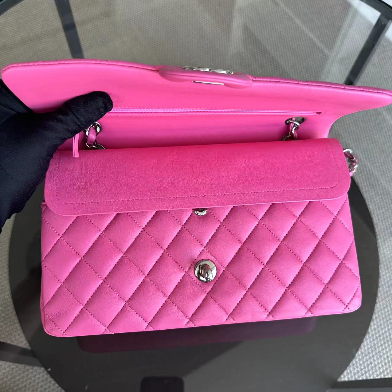 Chanel Medium Classic Flap Double Flap 25CM Quilted Lambskin Pink SHW No 27 - Luxury Evermore