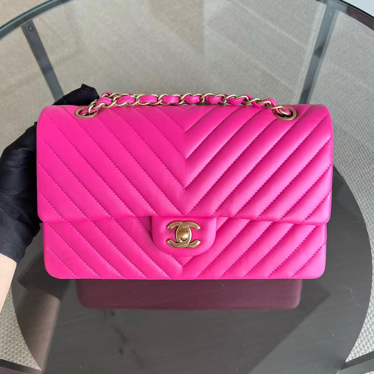 Chanel Medium Classic Flap Double Flap Chevron Lambskin Golden Hardware Series 21 - Luxury Evermore