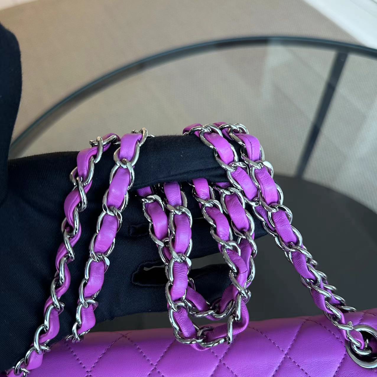 Chanel Medium Classic Flap Double Flap Quilted Lambskin Purple SHW No 14 - Luxury Evermore