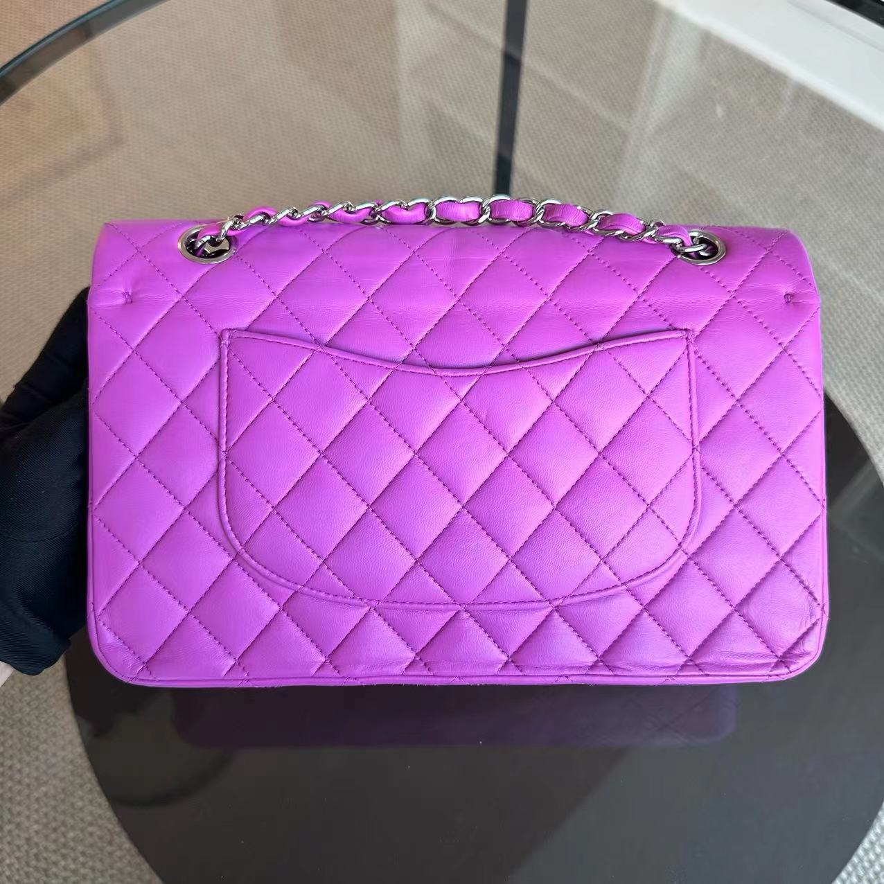 Chanel Medium Classic Flap Double Flap Quilted Lambskin Purple SHW No 14 - Luxury Evermore