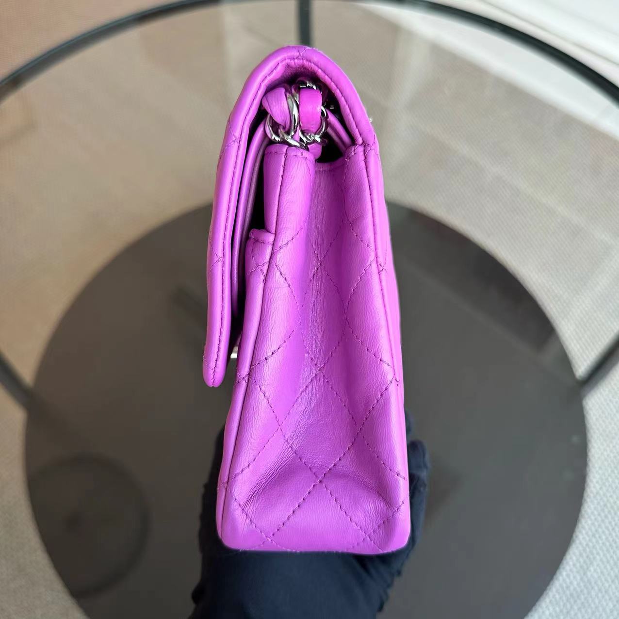 Chanel Medium Classic Flap Double Flap Quilted Lambskin Purple SHW No 14 - Luxury Evermore