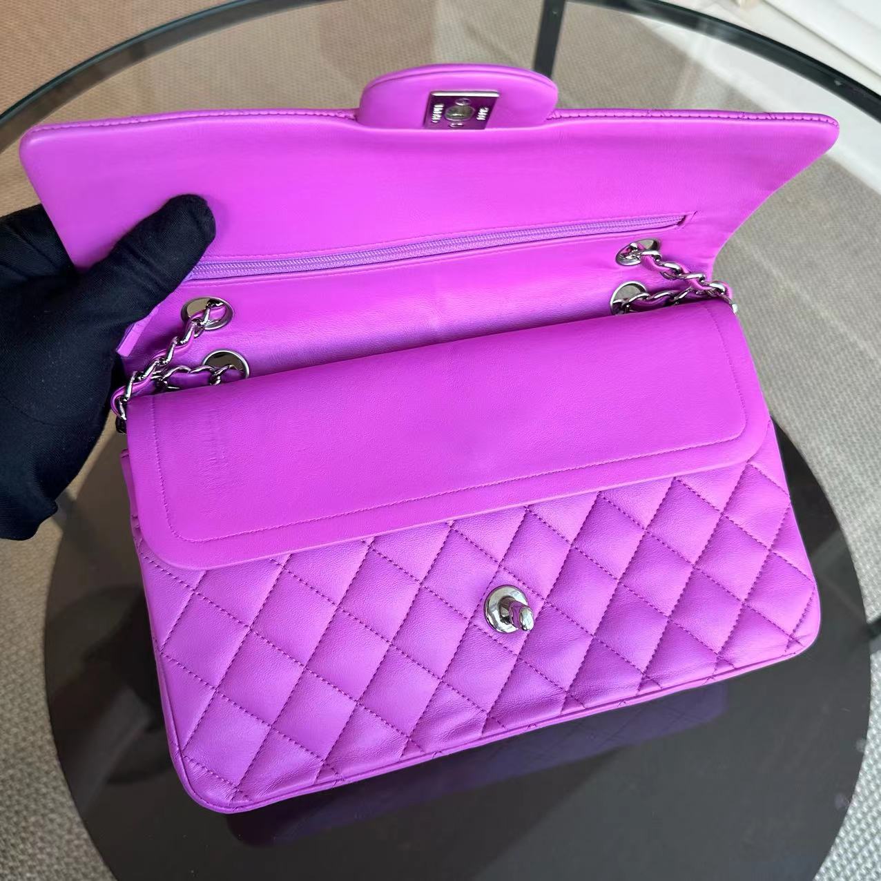 Chanel Medium Classic Flap Double Flap Quilted Lambskin Purple SHW No 14 - Luxury Evermore