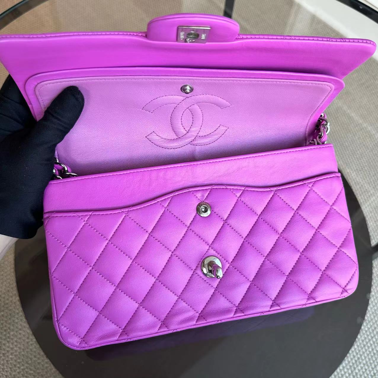 Chanel Medium Classic Flap Double Flap Quilted Lambskin Purple SHW No 14 - Luxury Evermore