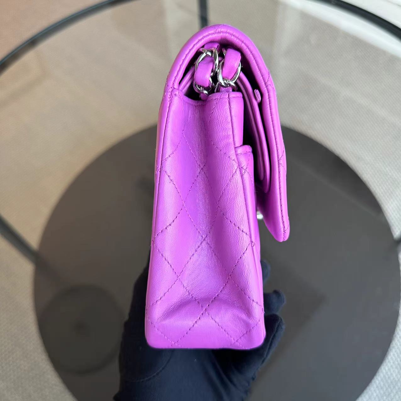 Chanel Medium Classic Flap Double Flap Quilted Lambskin Purple SHW No 14 - Luxury Evermore