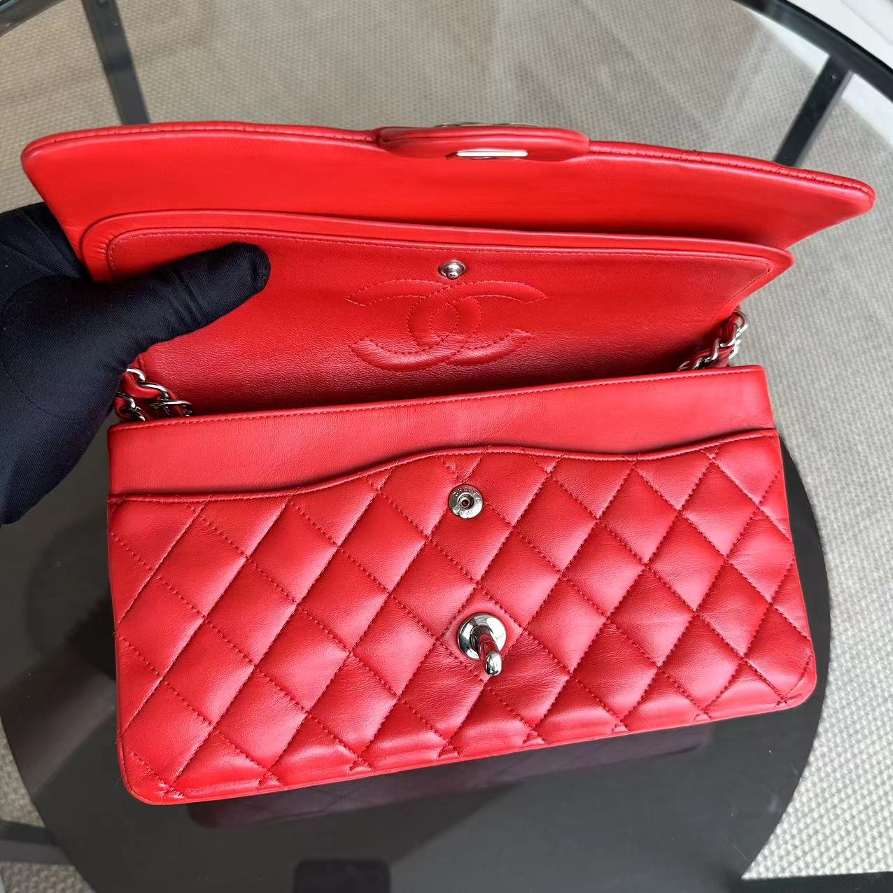 Chanel Medium Classic Flap Double Flap Quilted Lambskin Red SHW No 15 - Luxury Evermore