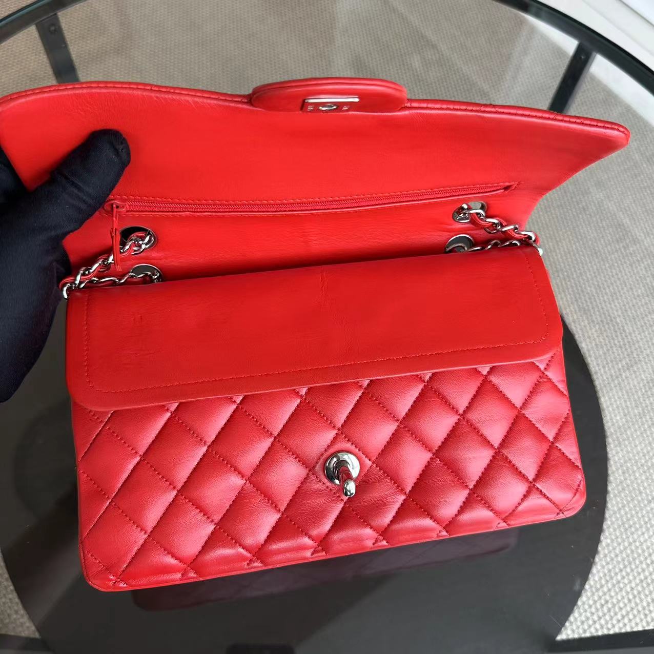 Chanel Medium Classic Flap Double Flap Quilted Lambskin Red SHW No 15 - Luxury Evermore