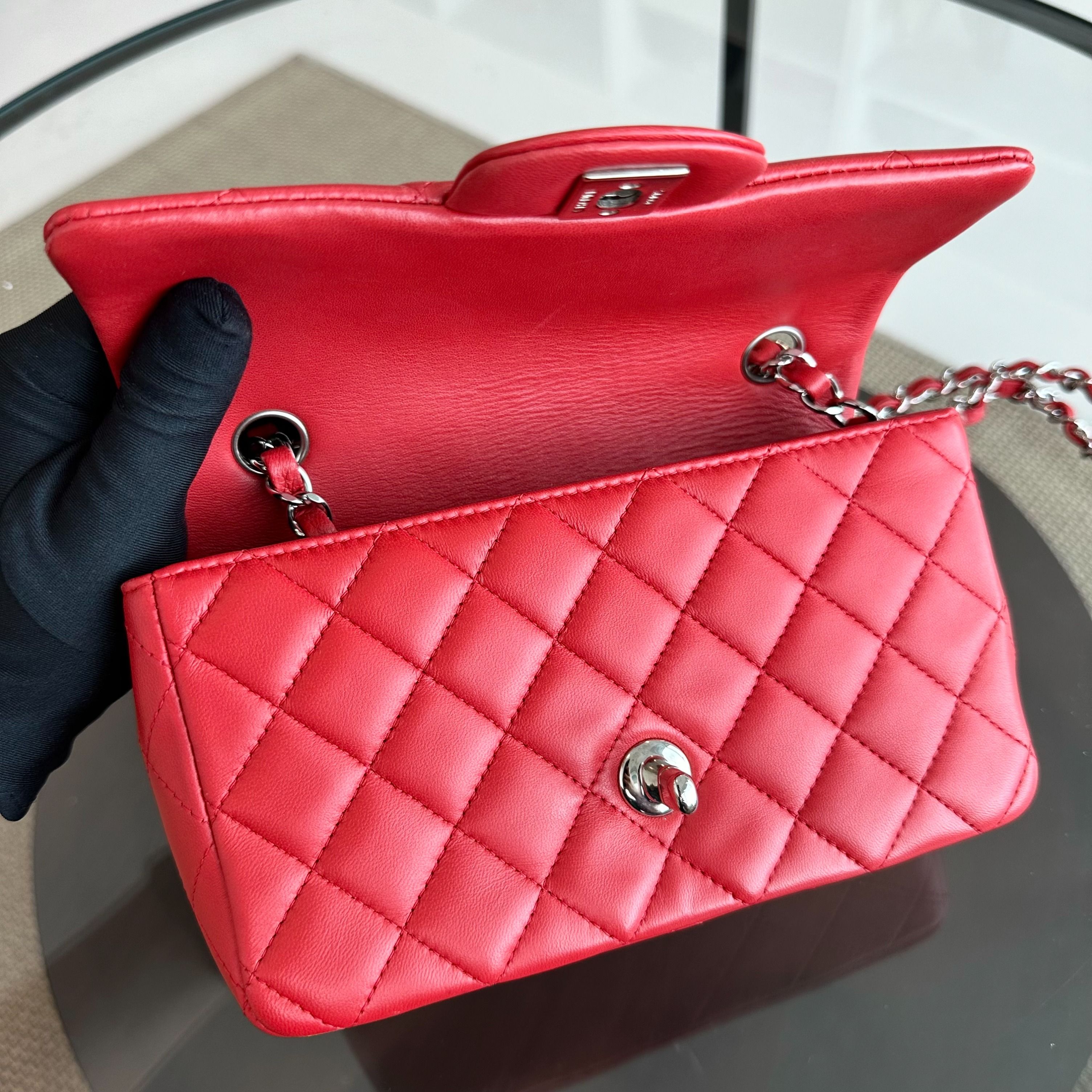 Chanel Mini Rectangular Classic Flap Lambskin Red SHW No 18 - Luxury Evermore