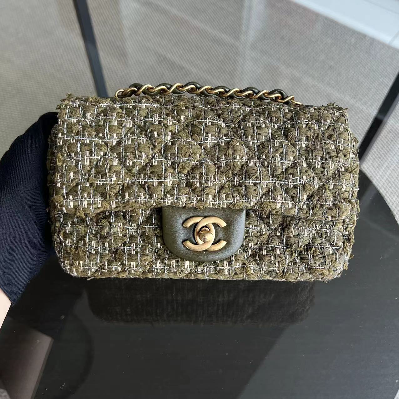 Chanel Mini Rectangular Classic Flap Quilted Tweed Green Golden Hardware Series 23 - Luxury Evermore
