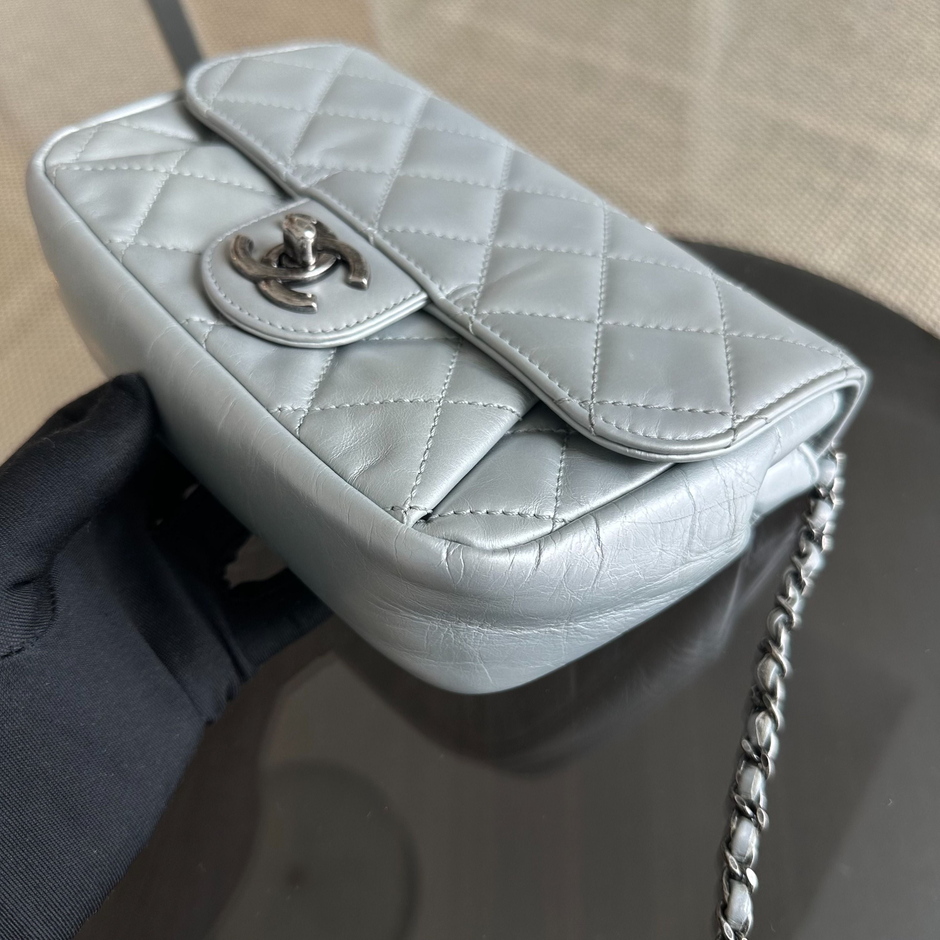 Chanel Mini Rectangular Plated Chain Seasonal Flap Quilted Calfskin Silver SHW No 21 - Luxury Evermore