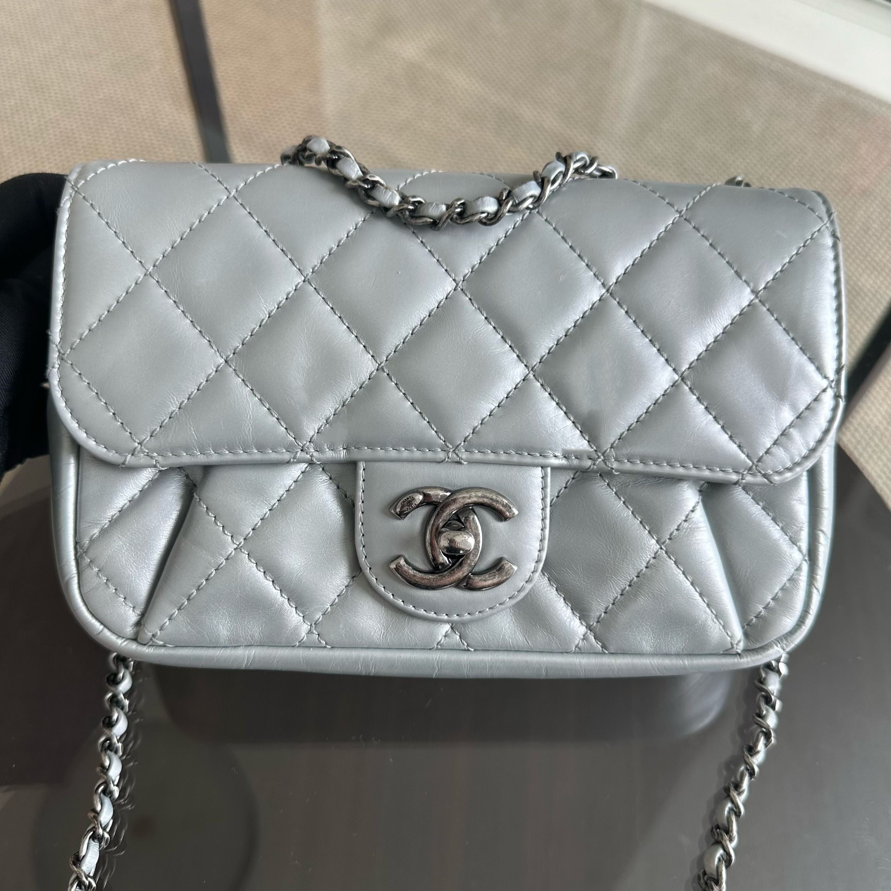Chanel Mini Rectangular Plated Chain Seasonal Flap Quilted Calfskin Silver SHW No 21 - Luxury Evermore