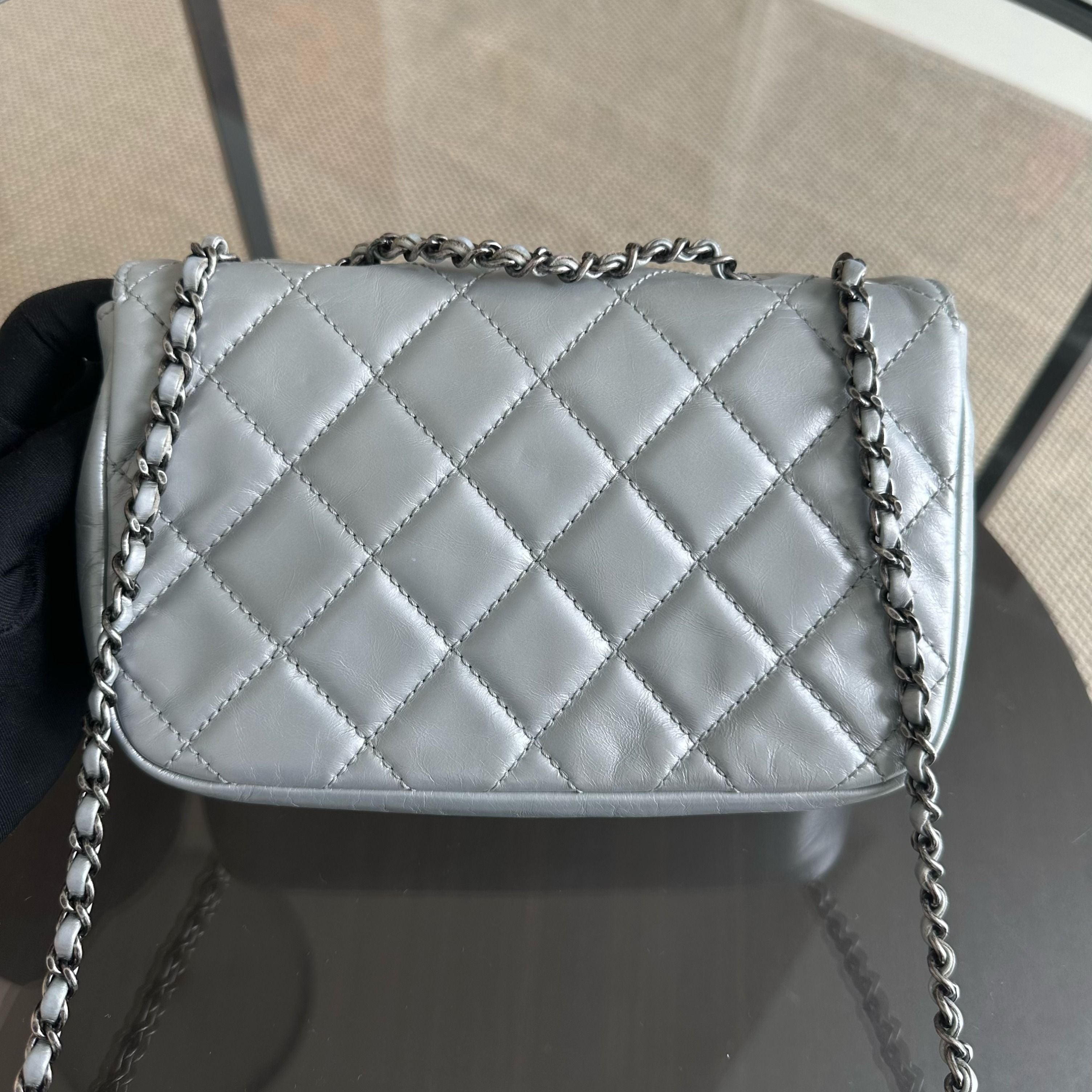 Chanel Mini Rectangular Plated Chain Seasonal Flap Quilted Calfskin Silver SHW No 21 - Luxury Evermore