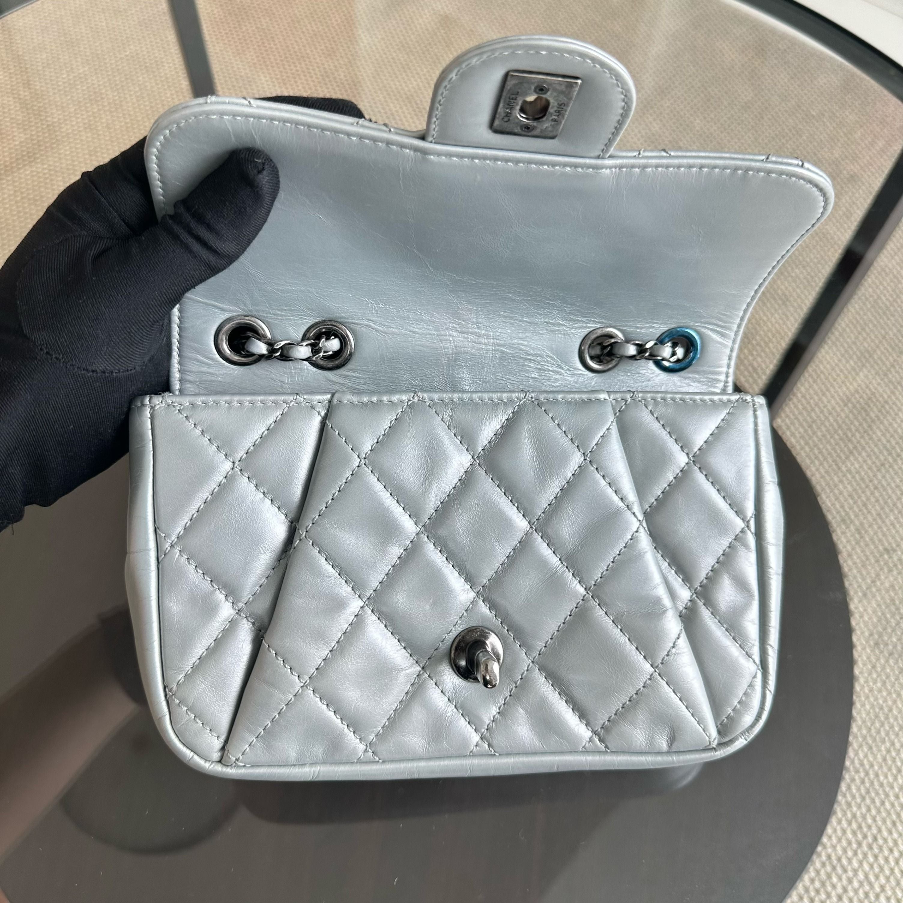 Chanel Mini Rectangular Plated Chain Seasonal Flap Quilted Calfskin Silver SHW No 21 - Luxury Evermore