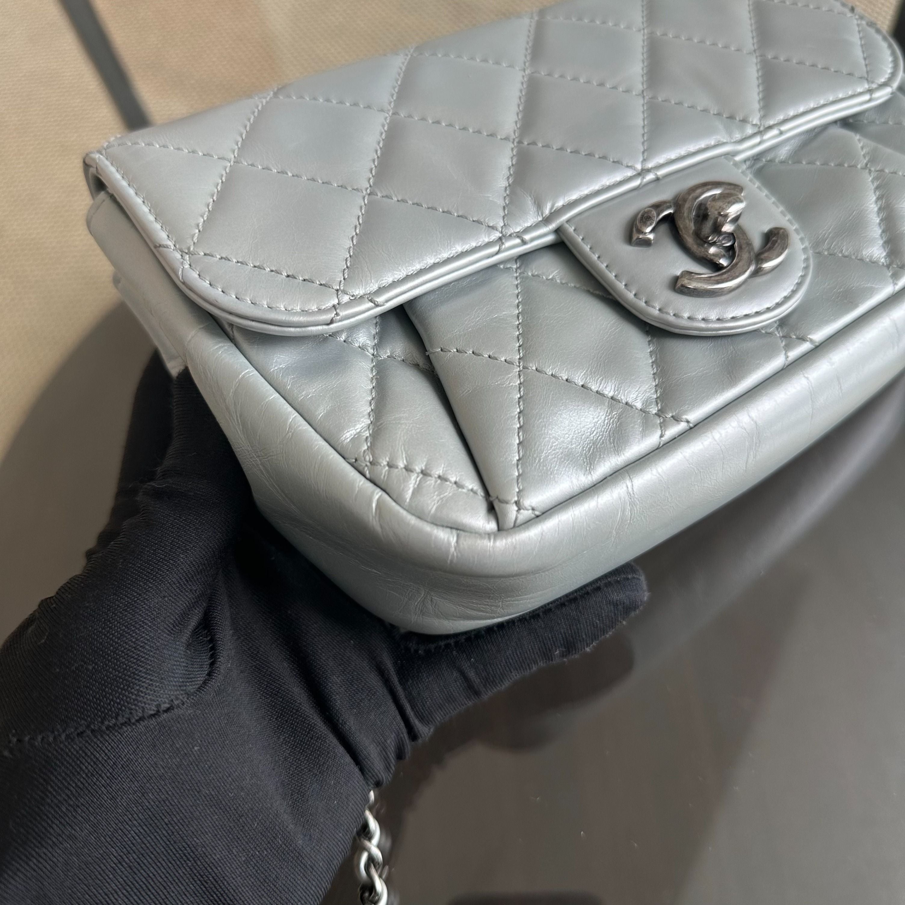 Chanel Mini Rectangular Plated Chain Seasonal Flap Quilted Calfskin Silver SHW No 21 - Luxury Evermore
