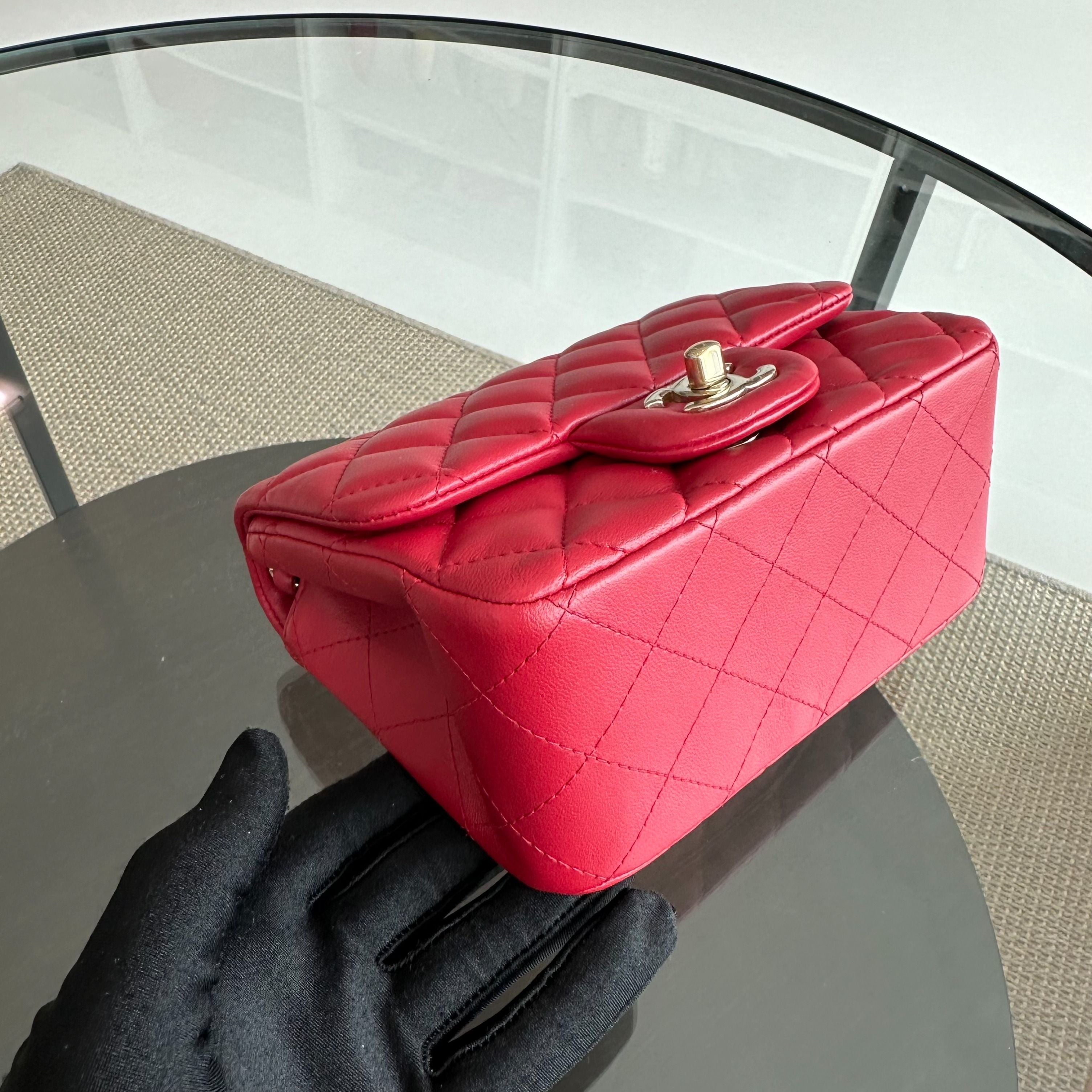 Chanel Mini Square Classic Flap Lambskin Red GHW No 23 - Luxury Evermore