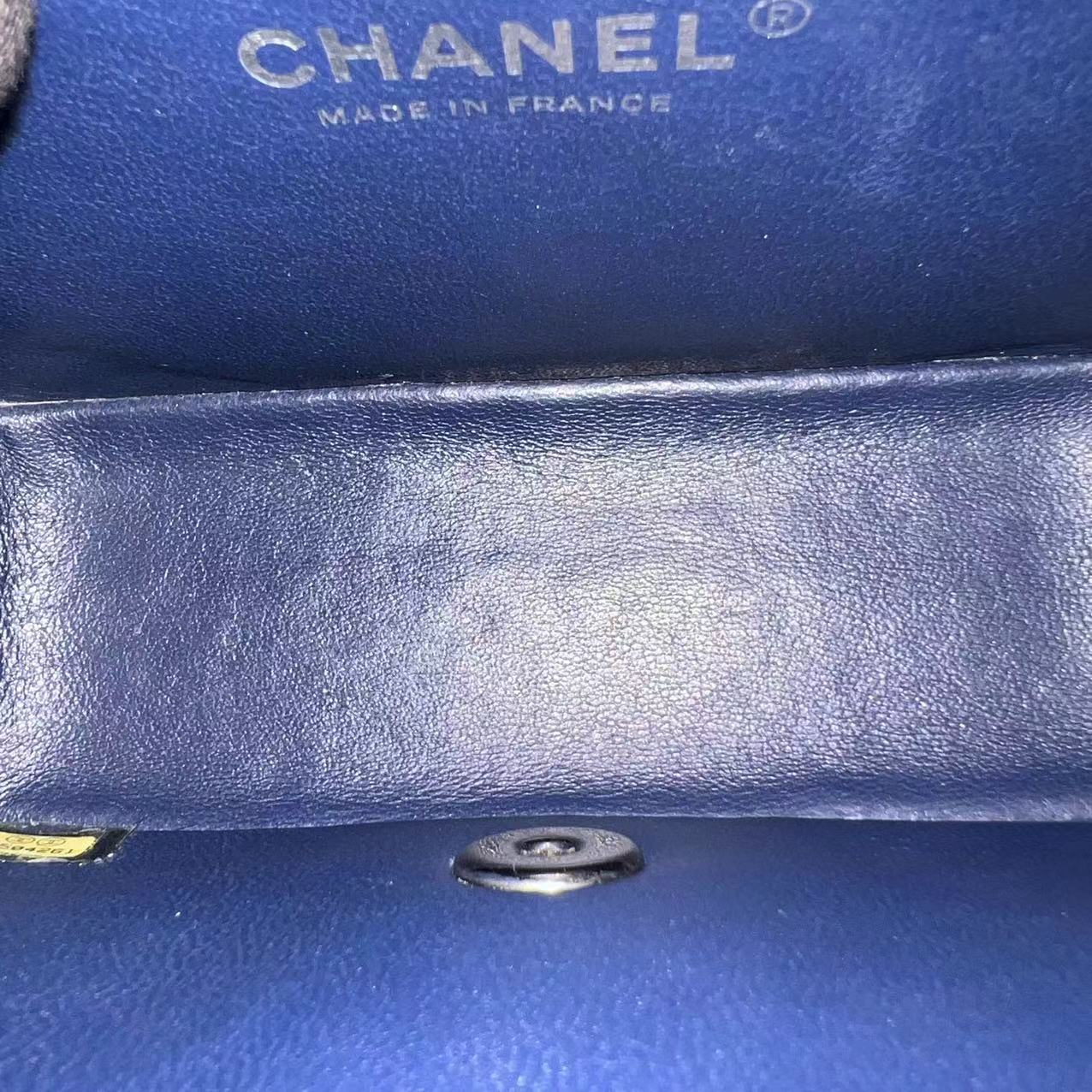 Chanel Mini Square Classic Flap Quilted Lambskin Dark Navy Blue Silver Hardware Series 22 - Luxury Evermore