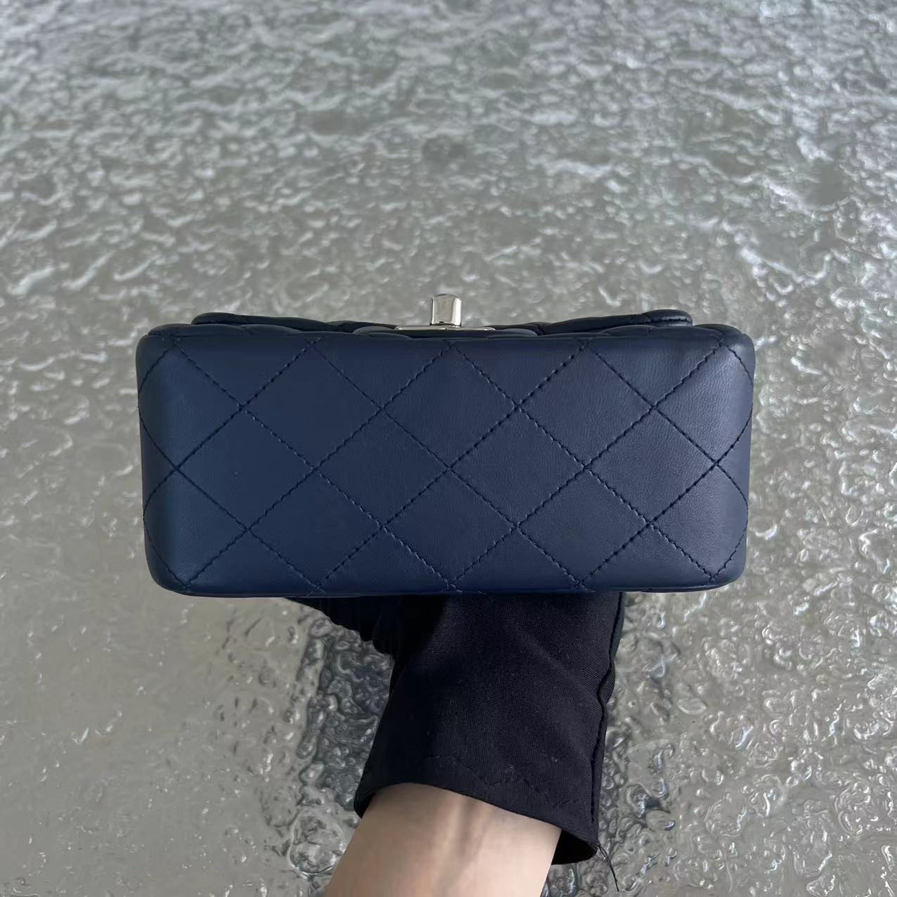 Chanel Mini Square Classic Flap Quilted Lambskin Dark Navy Blue Silver Hardware Series 22 - Luxury Evermore