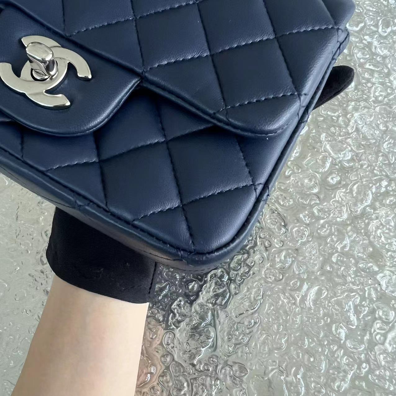 Chanel Mini Square Classic Flap Quilted Lambskin Dark Navy Blue Silver Hardware Series 22 - Luxury Evermore