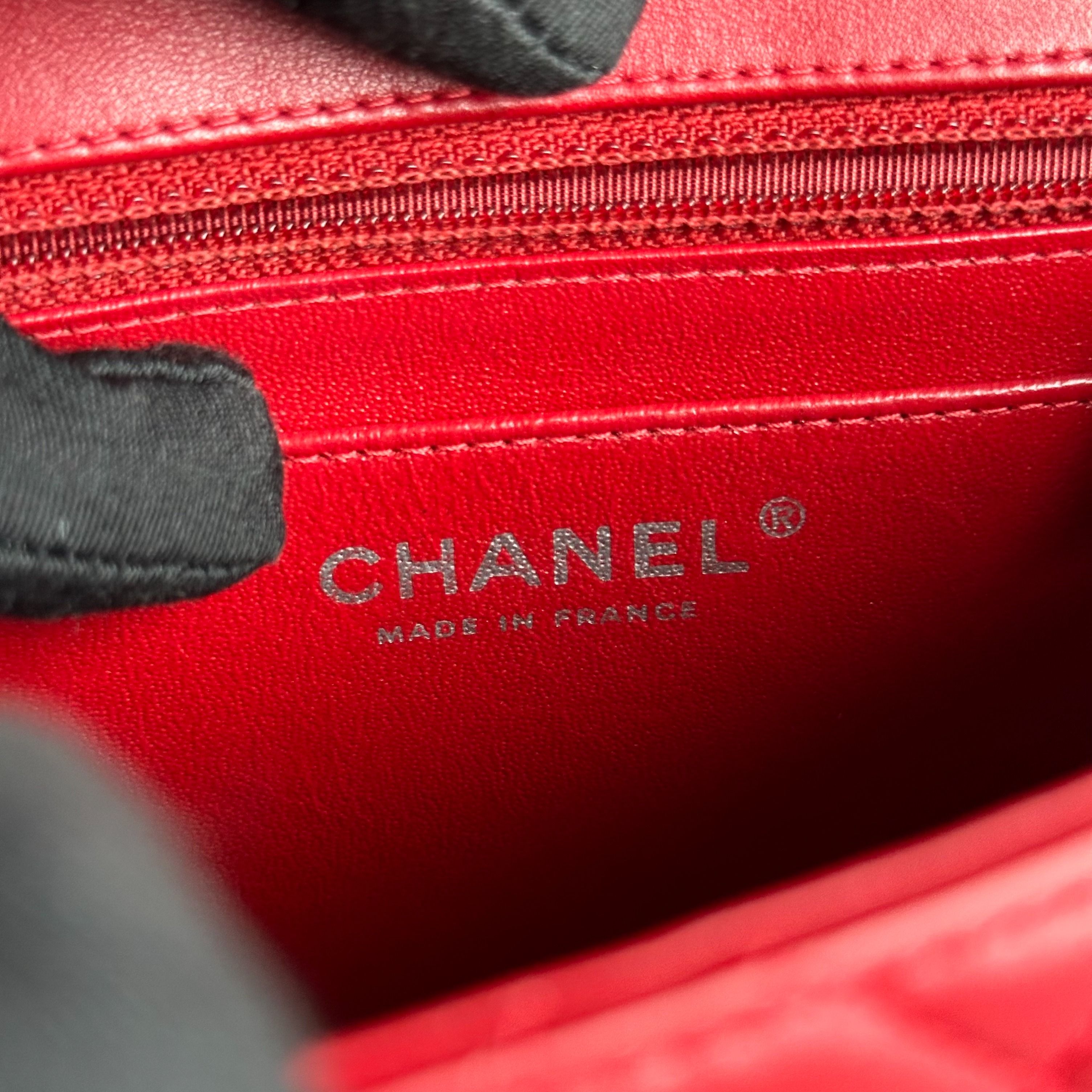 Chanel Mini Square Classic Flap Quilted Lambskin Red RSHW No 20 - Luxury Evermore