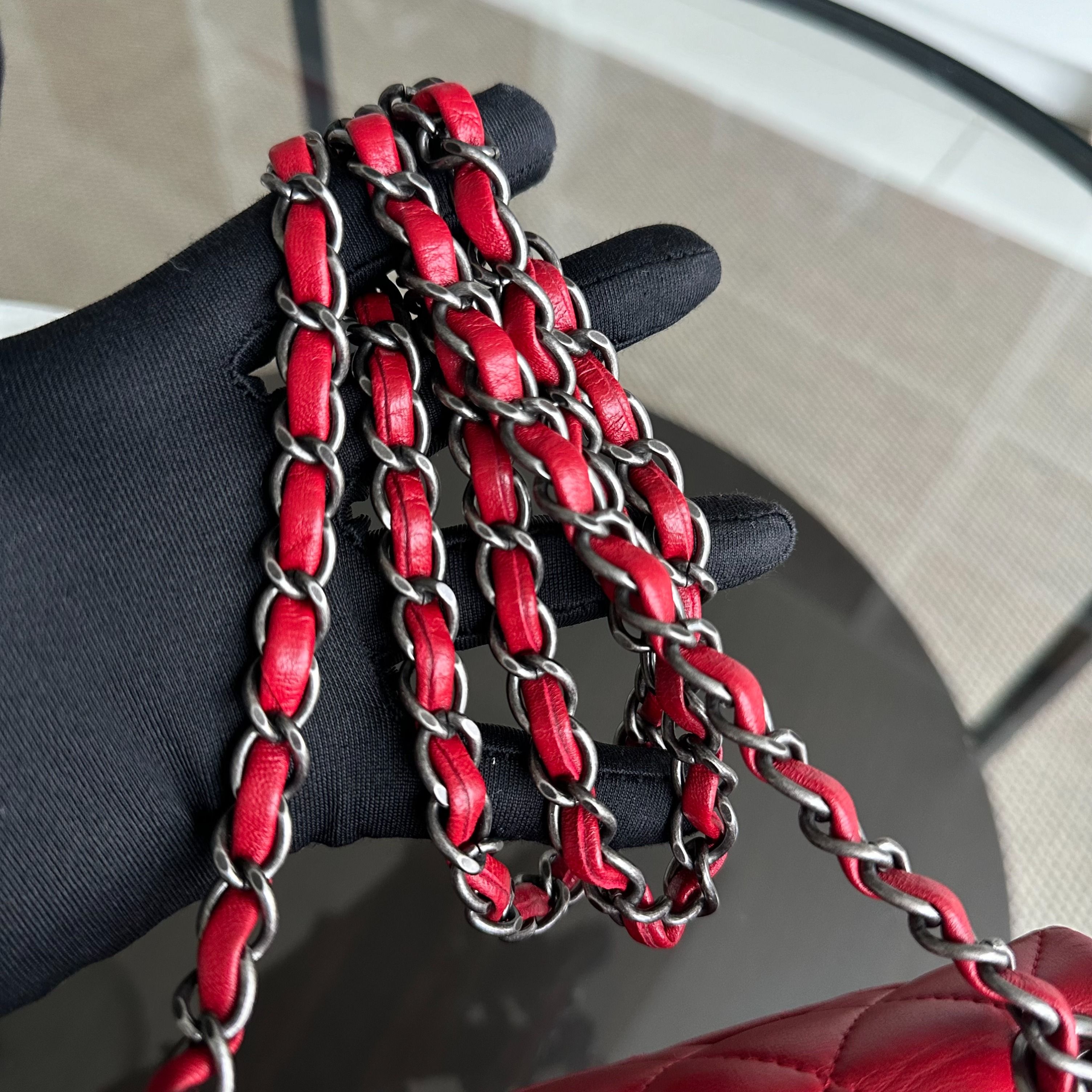 Chanel Mini Square Classic Flap Quilted Lambskin Red RSHW No 20 - Luxury Evermore