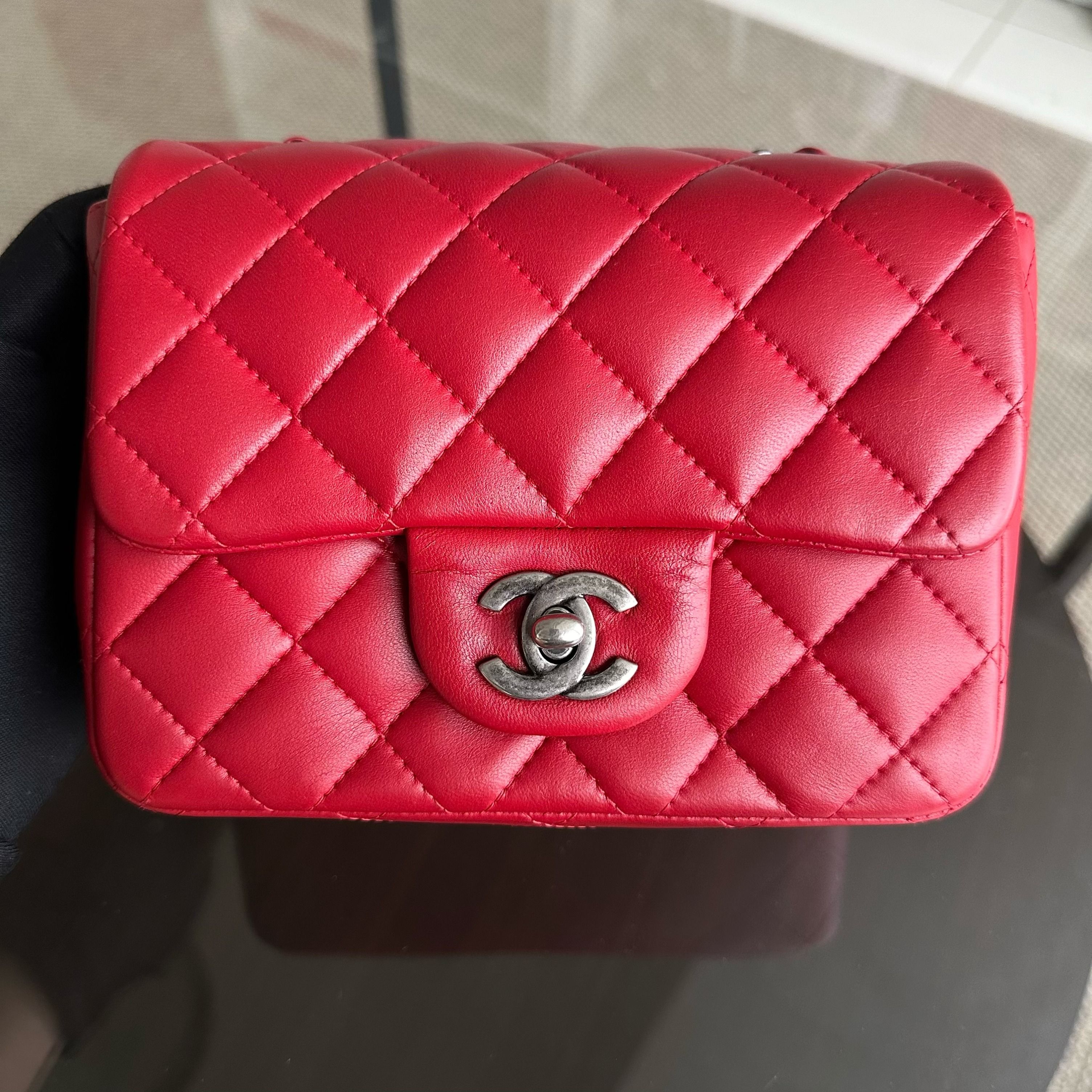 Chanel Mini Square Classic Flap Quilted Lambskin Red RSHW No 20 - Luxury Evermore