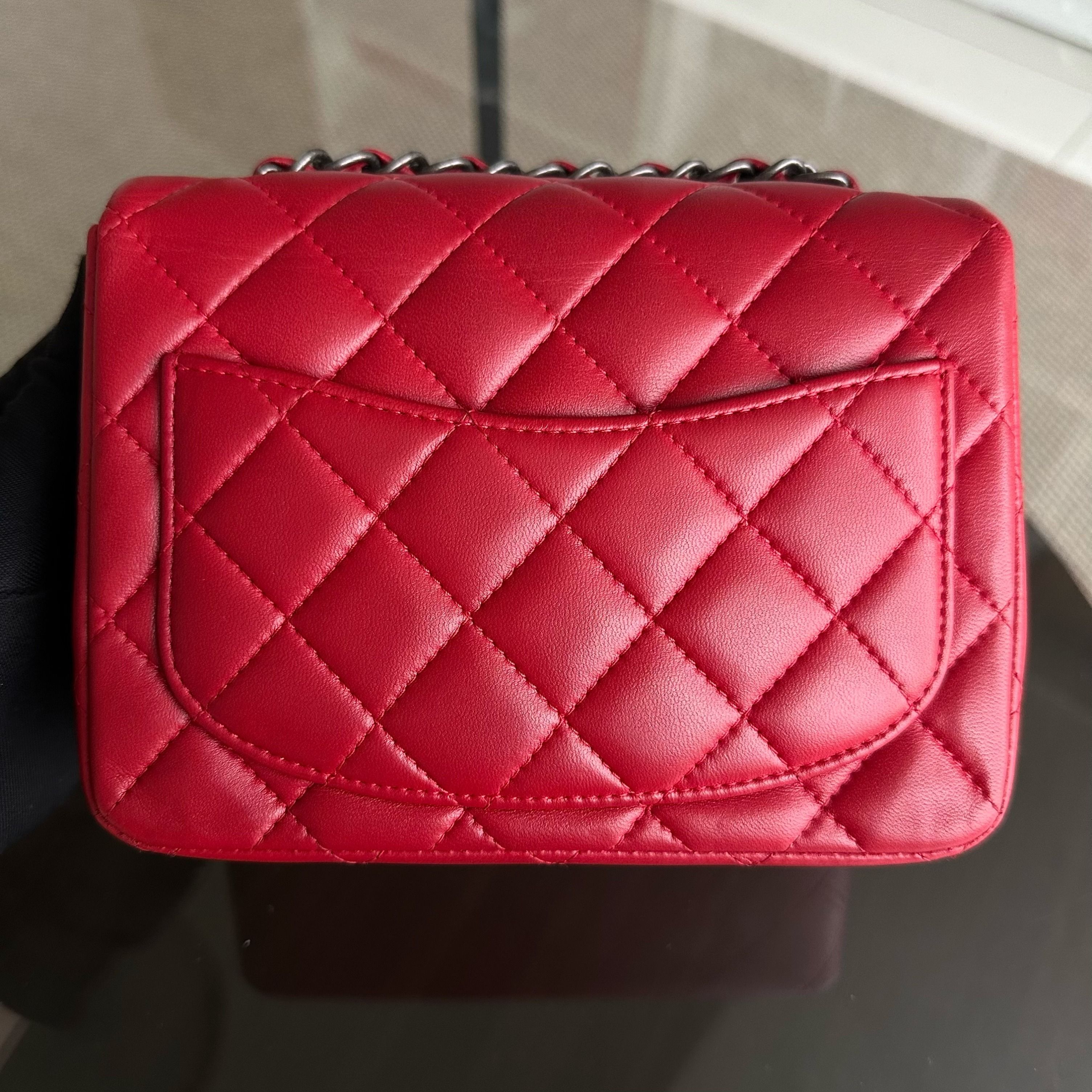 Chanel Mini Square Classic Flap Quilted Lambskin Red RSHW No 20 - Luxury Evermore