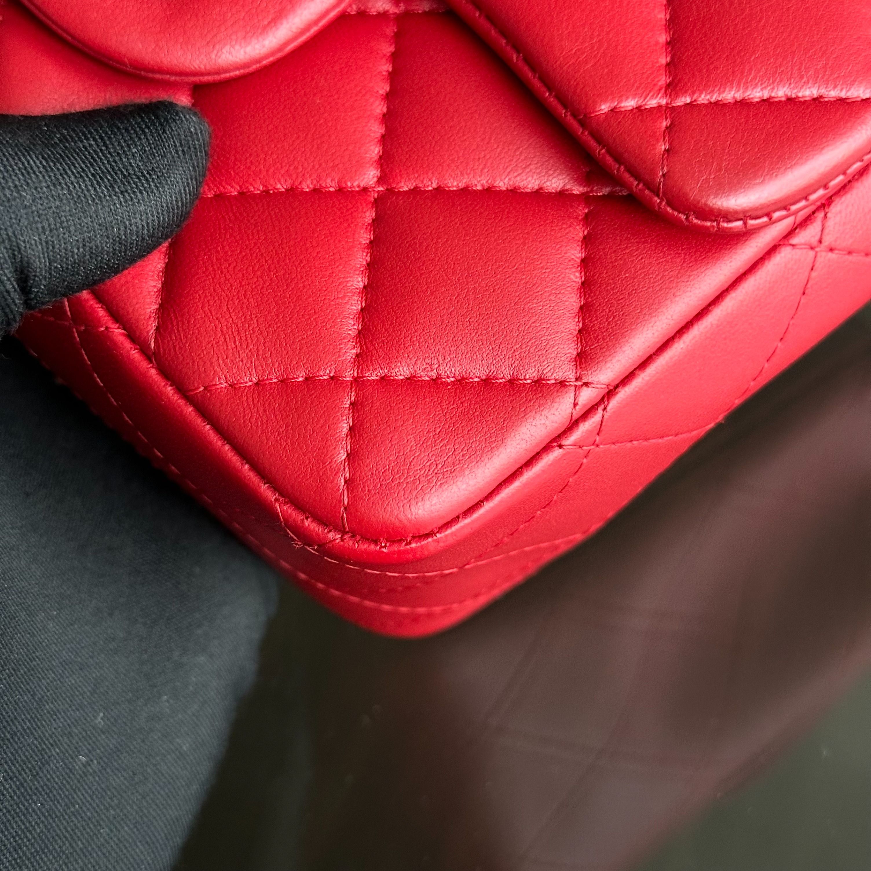 Chanel Mini Square Classic Flap Quilted Lambskin Red RSHW No 20 - Luxury Evermore