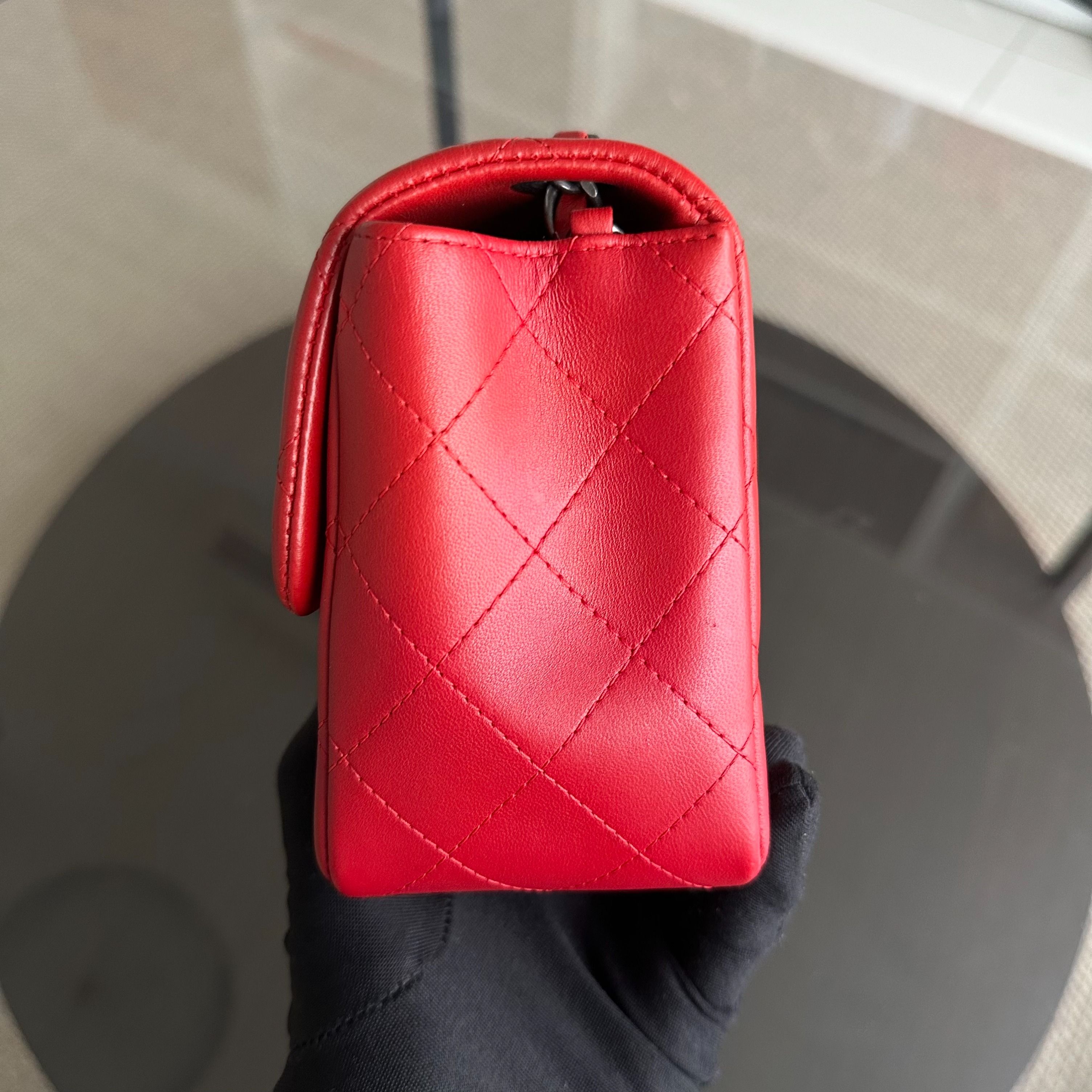 Chanel Mini Square Classic Flap Quilted Lambskin Red RSHW No 20 - Luxury Evermore