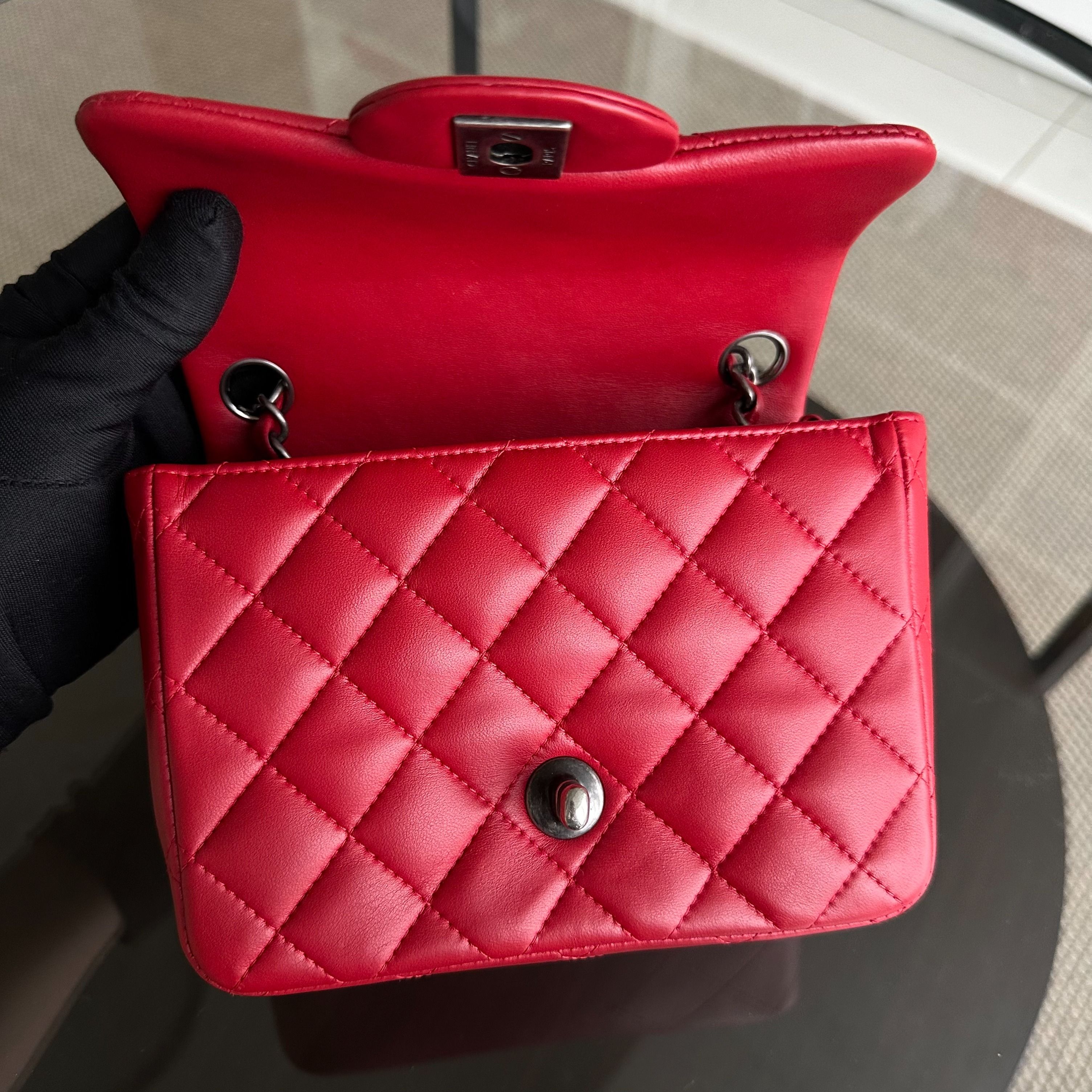 Chanel Mini Square Classic Flap Quilted Lambskin Red RSHW No 20 - Luxury Evermore