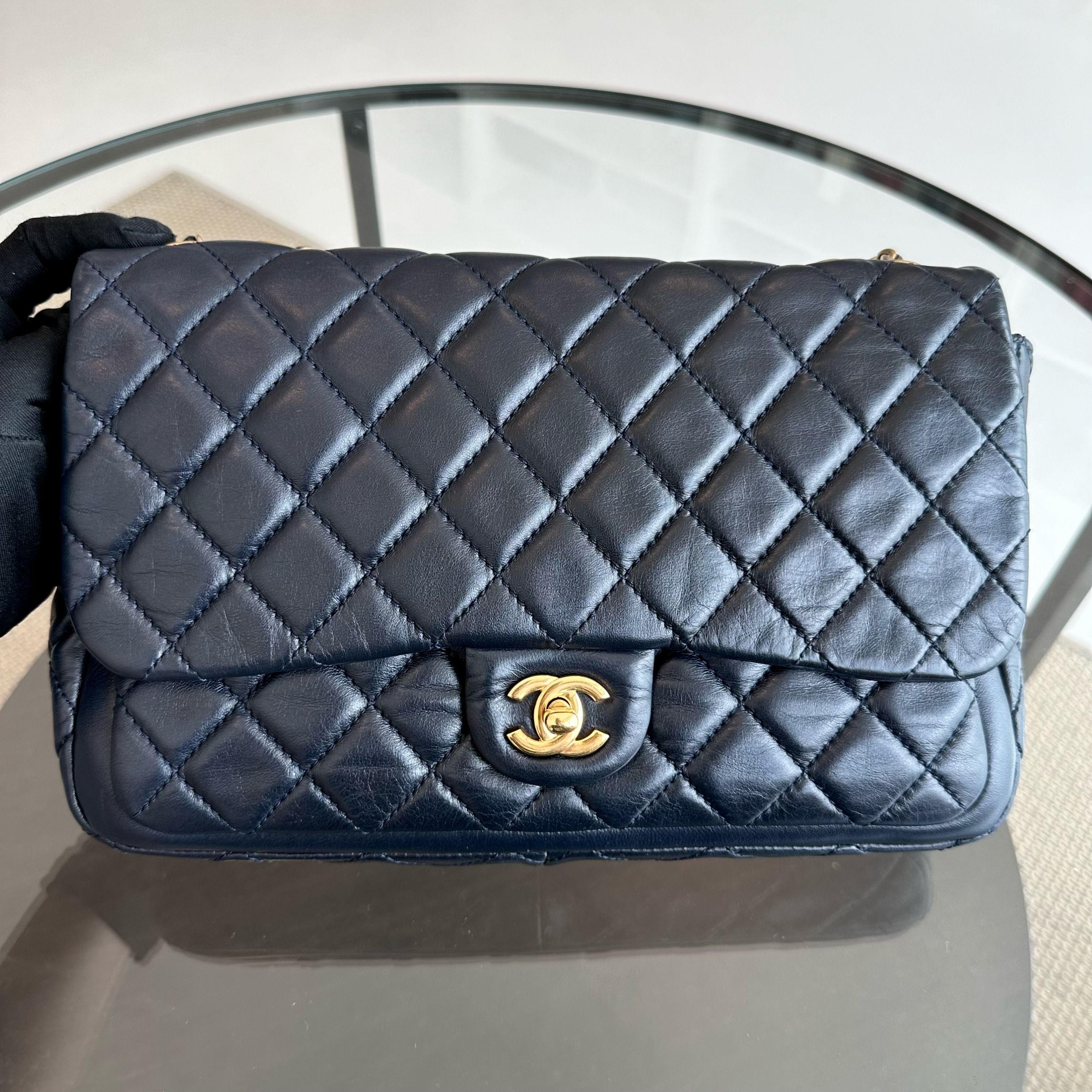 Chanel Seasonal Flap Jumbo 30CM Qulited Lambskin Dark Blue No 18 - Luxury Evermore
