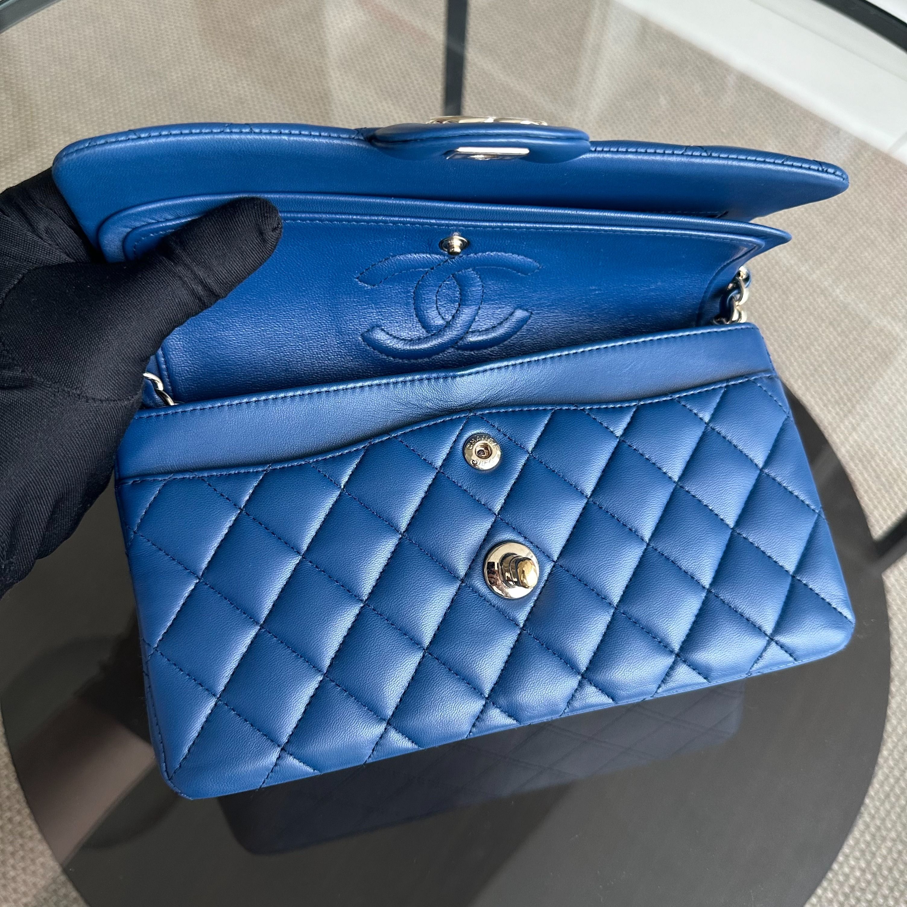 Chanel Small Classic Flap 23CM Quilted Lambskin Dark Blue SHW No 25 - Luxury Evermore