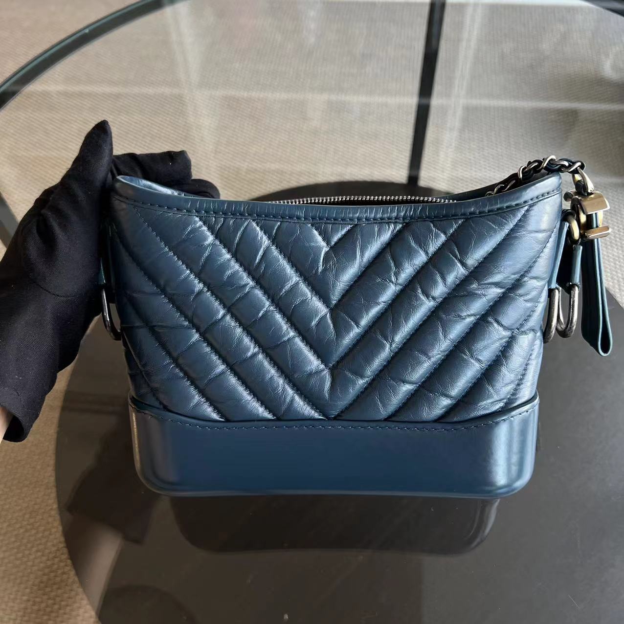 Chanel Small Gabrielle Hobo Chevron Calfskin Blue Two-Tone Hardware No 26 - Luxury Evermore