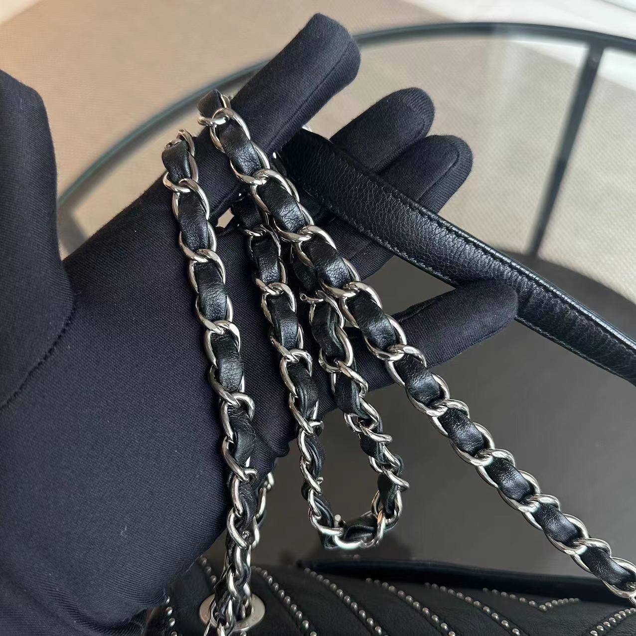 Chanel Studded Flap 28CM Chevron Calfskin Black SHW No 24 - Luxury Evermore