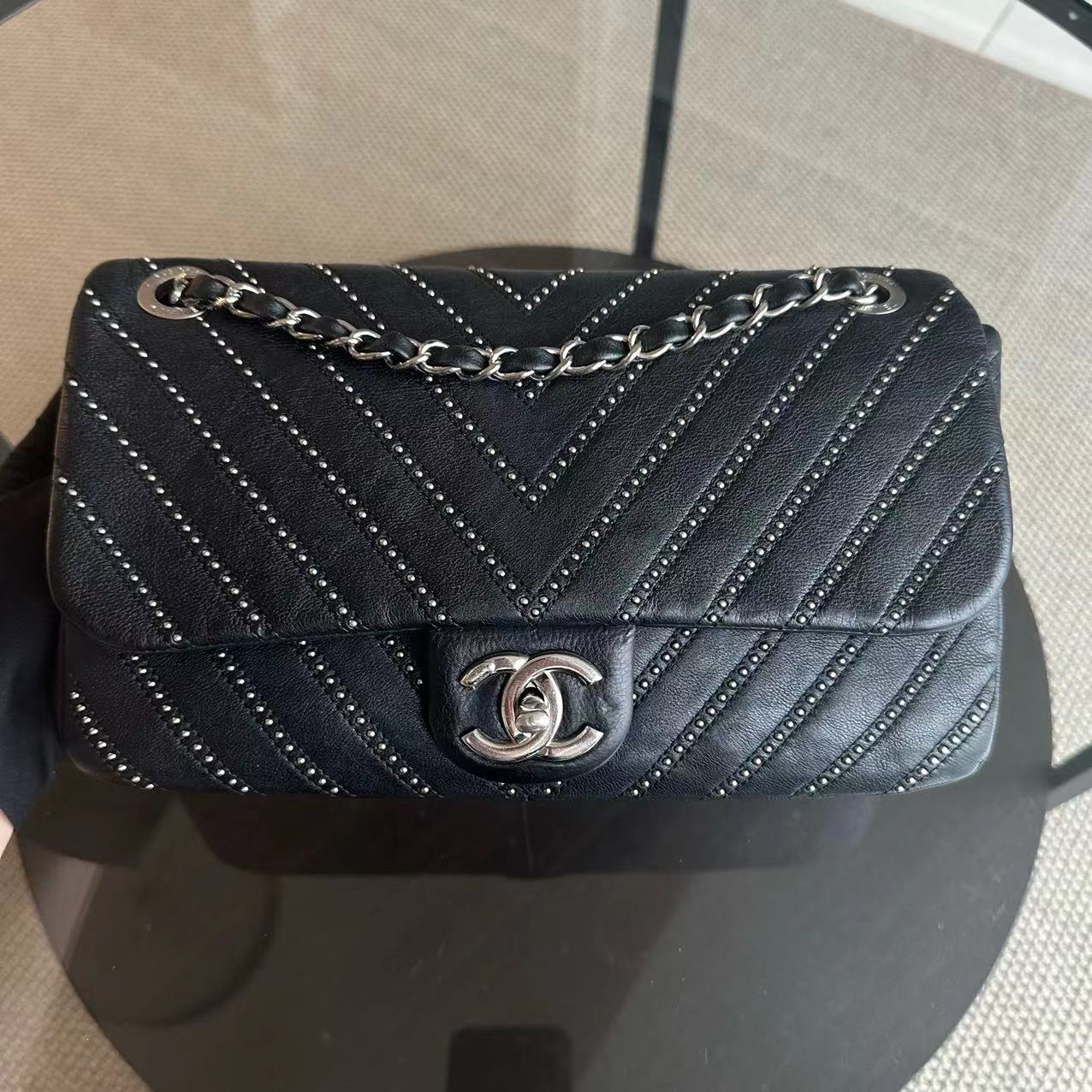 Chanel Studded Flap 28CM Chevron Calfskin Black SHW No 24 - Luxury Evermore