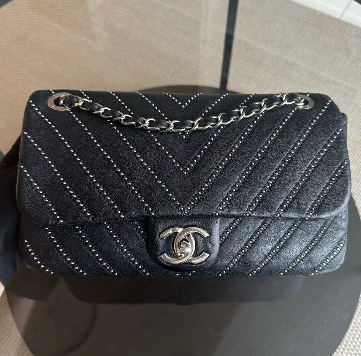Chanel Studded Flap 28CM Chevron Calfskin Black SHW No 24 - Luxury Evermore