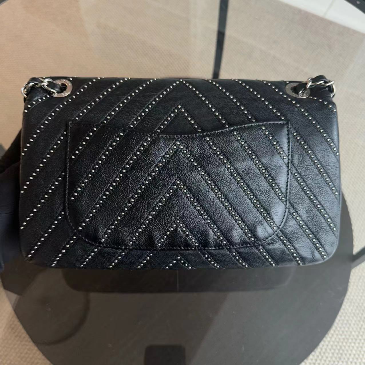 Chanel Studded Flap 28CM Chevron Calfskin Black SHW No 24 - Luxury Evermore
